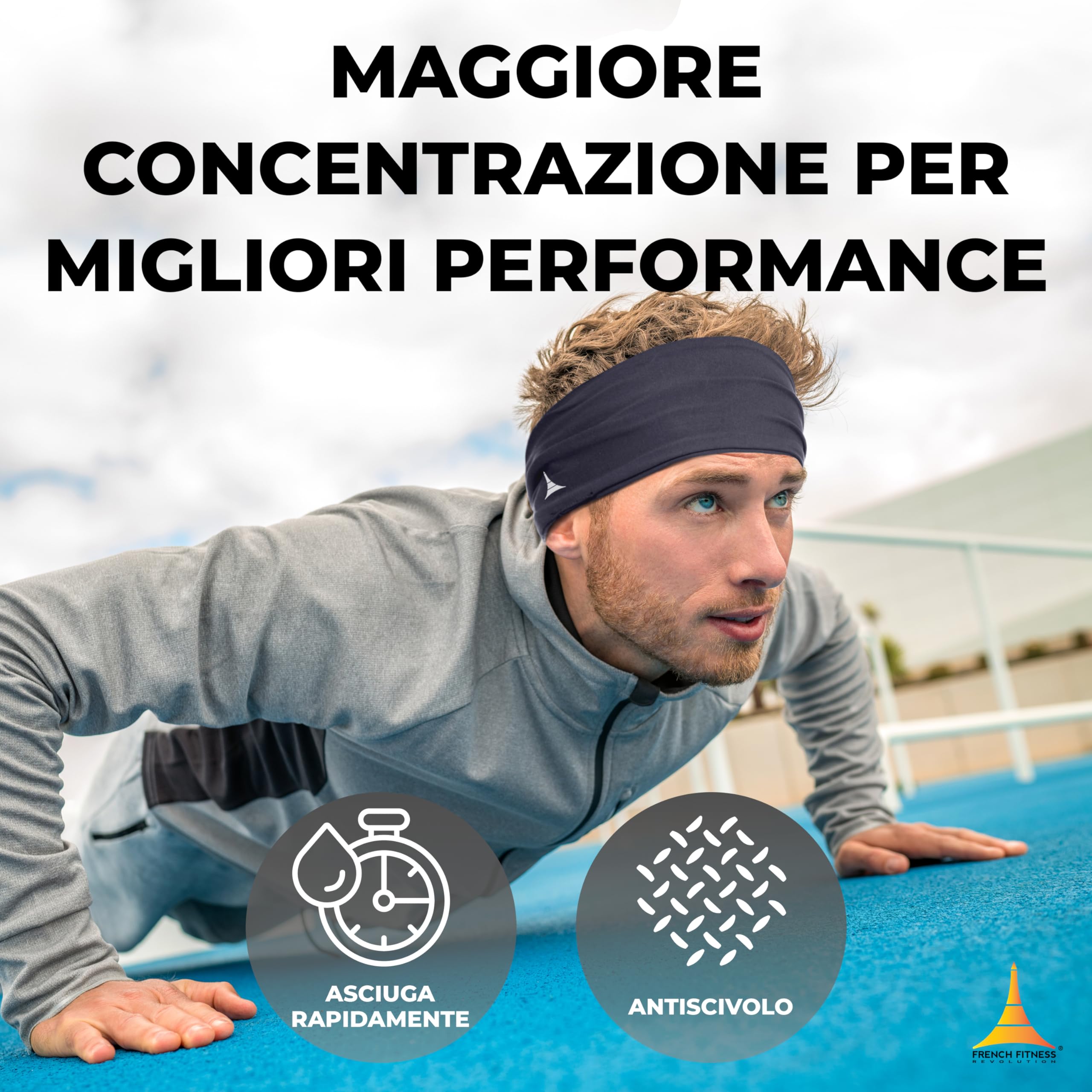 French Fitness Revolution – Fascia Testa Elastica Sportiva per Uomo e Donna – Fascia Antisudore per la Testa per Corsa, Basket, Yoga, Fitness – Fascia Assorbi Sudore – Prodotta in Europa