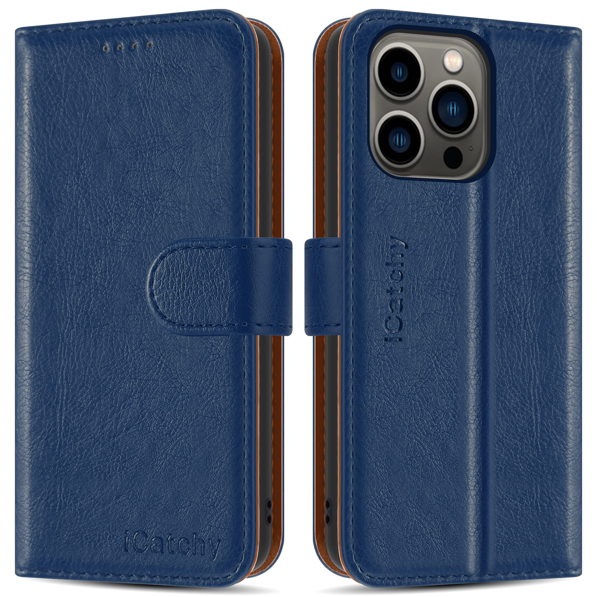 iCatchy for iPhone 13 Pro Max Case (6.7'') Leather Wallet Book Flip Folio Cover (Blue)
