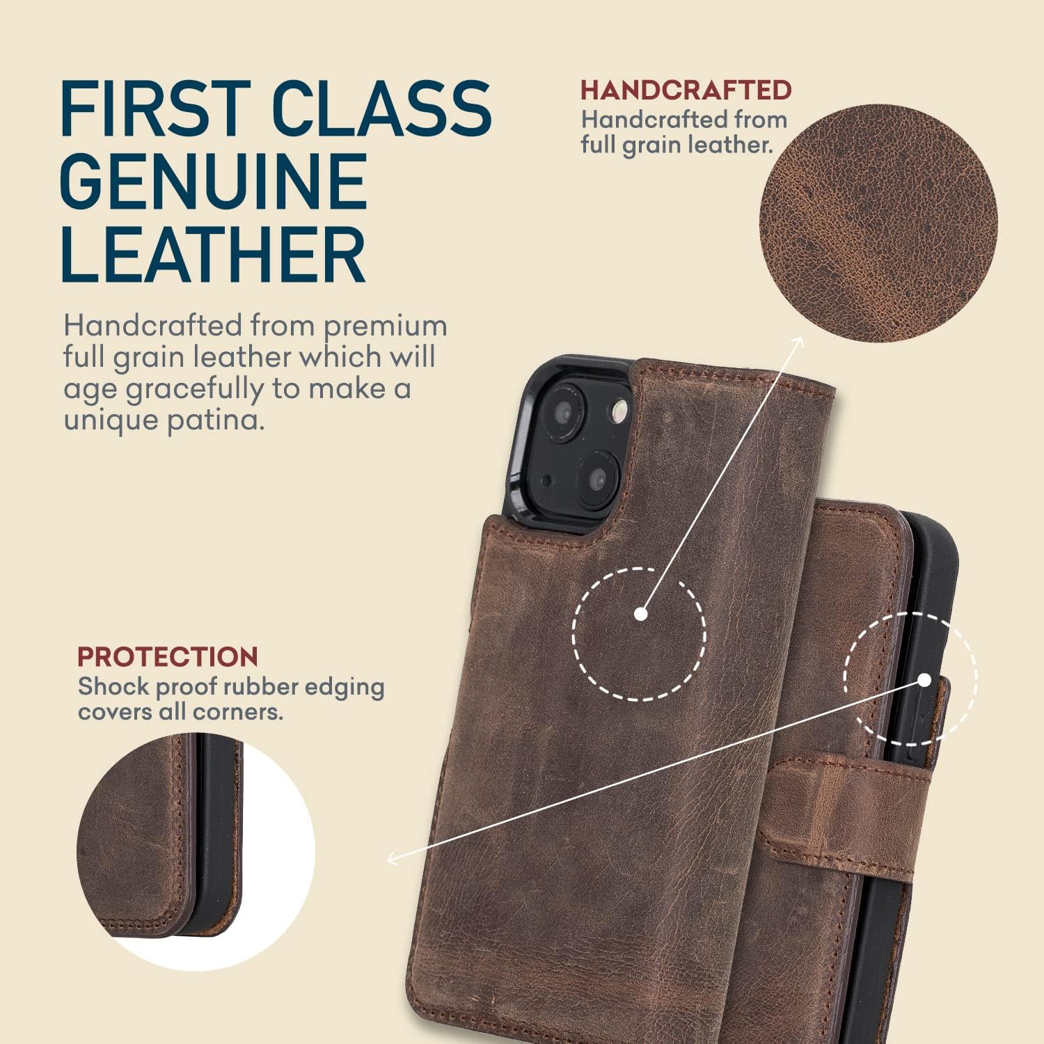 Bayelon Case for iPhone 13 Mini, Full Grain Leather Wallet Case, [2in1], Detachable Magnetic Flip Cover with Card Slots, Kickstand, MagSafe Compatible (Dark Brown)