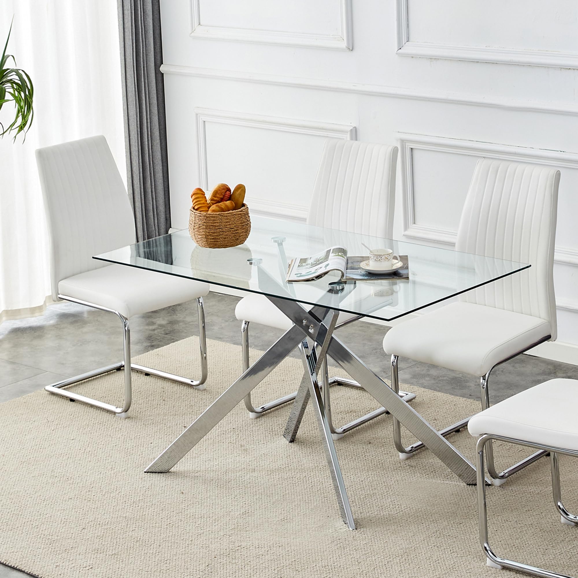 Dining Table with Tempered Glass Top, Modern Glass Dining Room Table Rectangle, Chrome Silver Geometric Metal Leg, Kitchen Table 51" L x 29.5" W x 30"