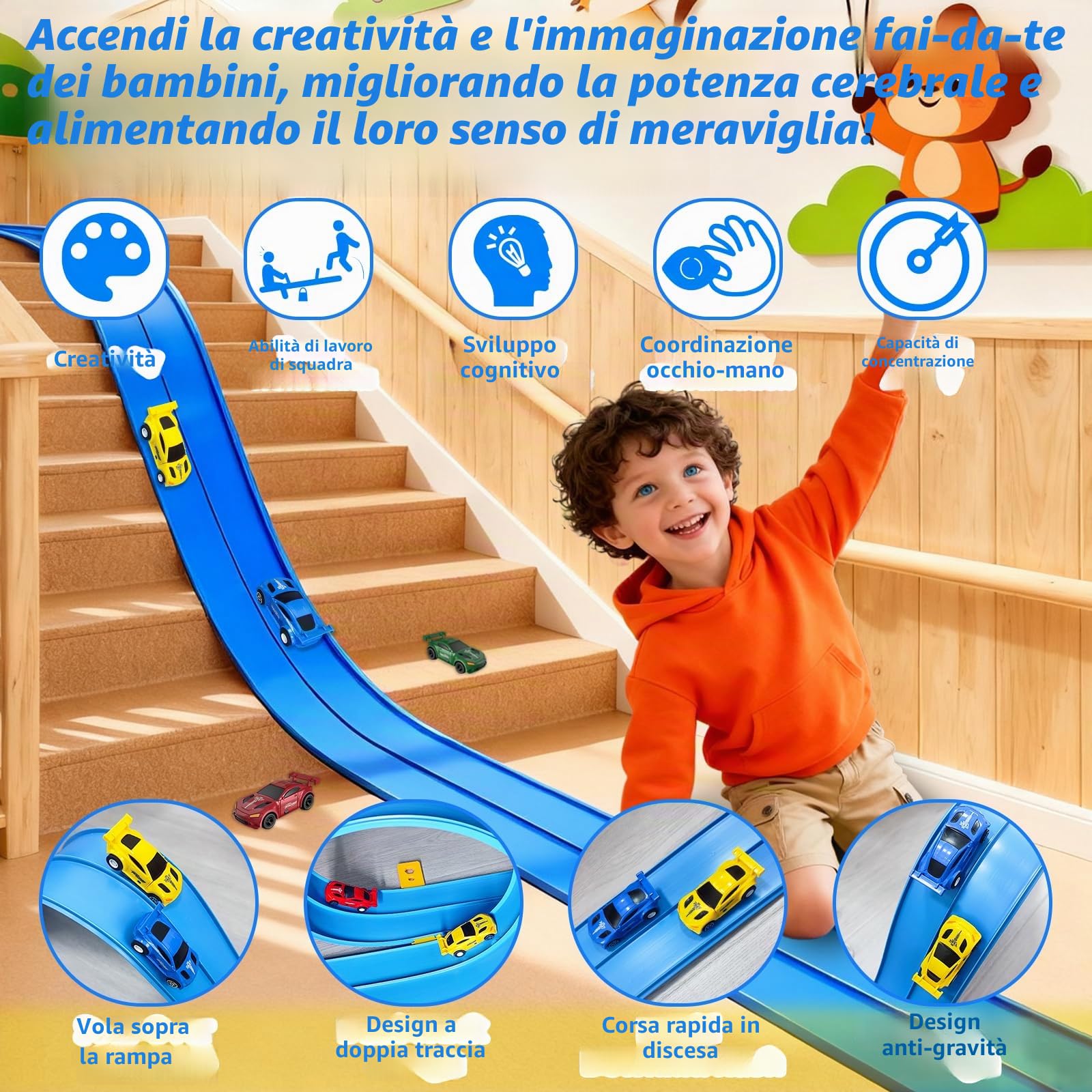 RedCrab Pista da Corsa Flessibile per Bambini, Lunga 5 m Pista da Corsa Flessibile con 4 Macchinine e 4 Ventose, Compatibile con Modellini di Auto Diecast in Scala 1:64