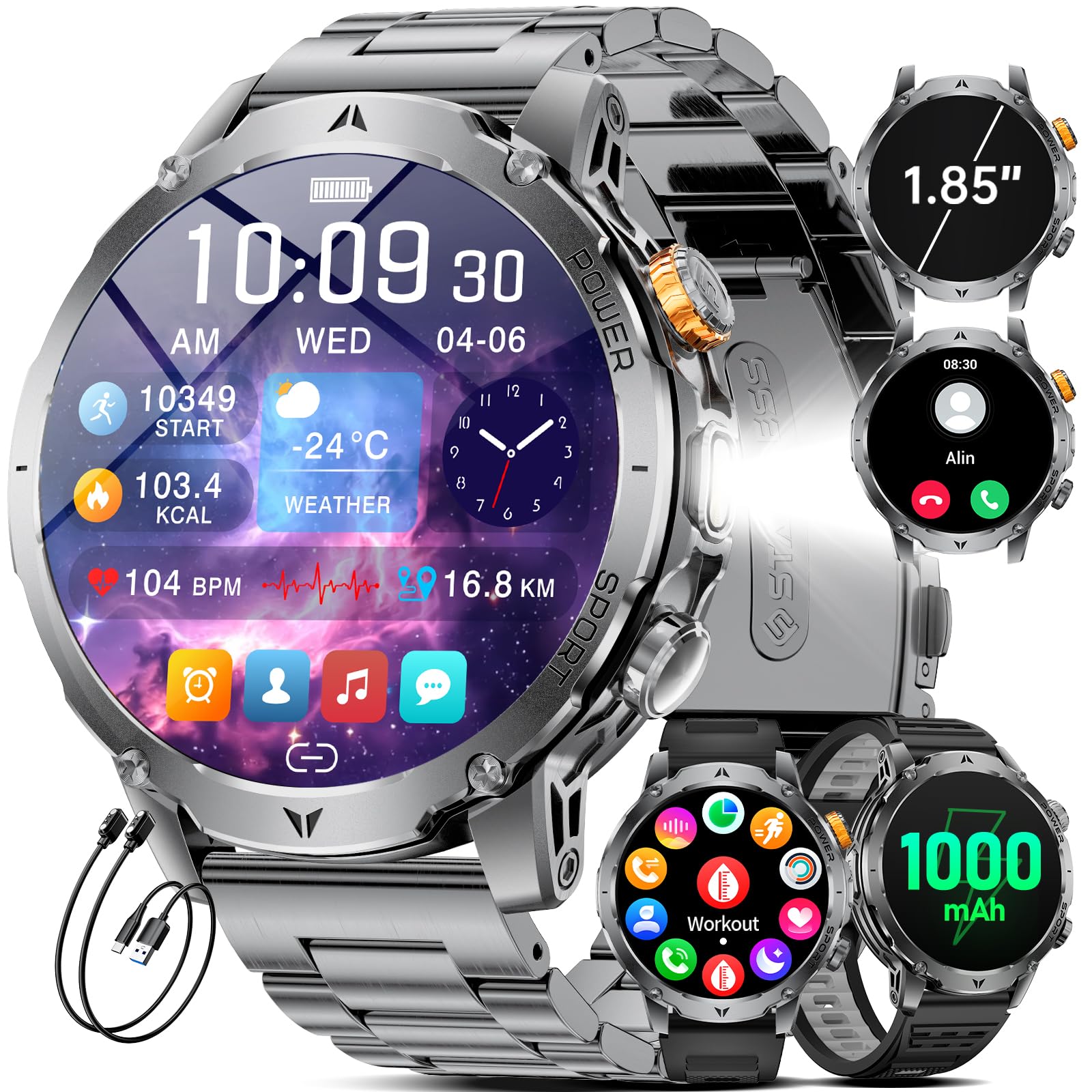 EF24 Montre Connectée Homme Militaire avec Lampe Torche LED, Écran HD 1,85 Pouce, Batterie 1000mAh, 100 Modes Sportifs, IP68 Étanche, 3 Bracelets, Câble USB et Type-C, pour Android iOS (Noir)
