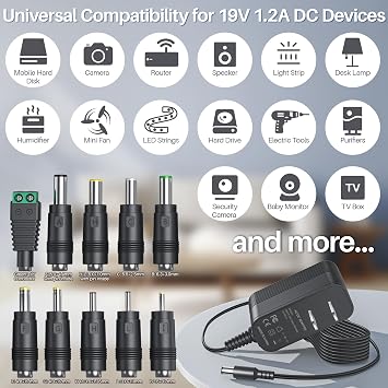 19V DC Power Supply DC 19V Power Cord 19V 1200mA Charger with 10 Interchangeable Jacks Universal Adapter for LED Strip Light, CCTV Camera, BT Speaker, GPS, Webcam, Router, 5FT 19V Transformer Cord