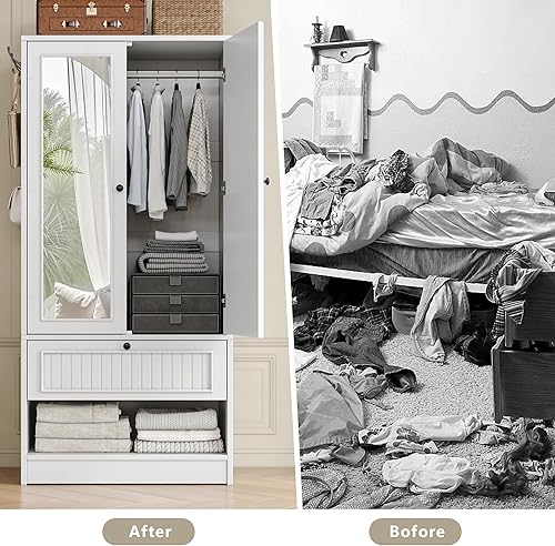 Miniatura 8 de Armario de madera de 70 pulgadas con puertas y espejo, armario de madera con cajones y 3 ganchos laterales, armario de almacenamiento grande