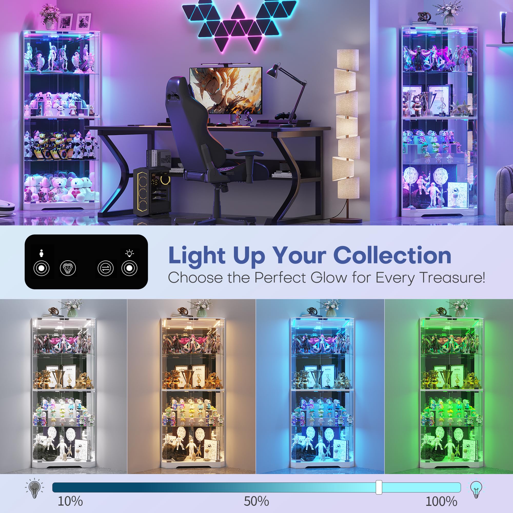FREDEES 164cm Glasvitrine Stehend Eckvitrine, Vitrinenschrank mit RGB-Beleuchtung für Sammlerstücke, 4-Etagen LED Glas Eck-Kuriositätenschränke für Sammlerstücke/Spielzeug/Bücher, Weiß