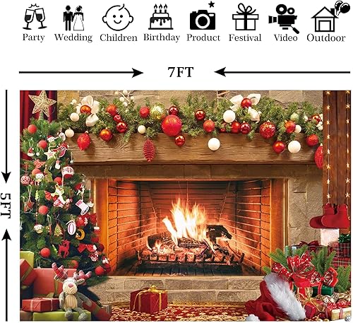 Miniatura 6 de Fondo de tela de poliéster de 7 x 5 pies para chimenea, estilo vintage, árbol de Navidad, fotografía de fondo para niños, retratos, fiestas,