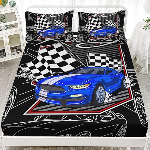 AILONEN Blue Racing Car - Juego de sábanas bajeras para niños y adolescentes, tamaño individual, 3 piezas, 1 sábana bajera ajustable y 2 fundas de