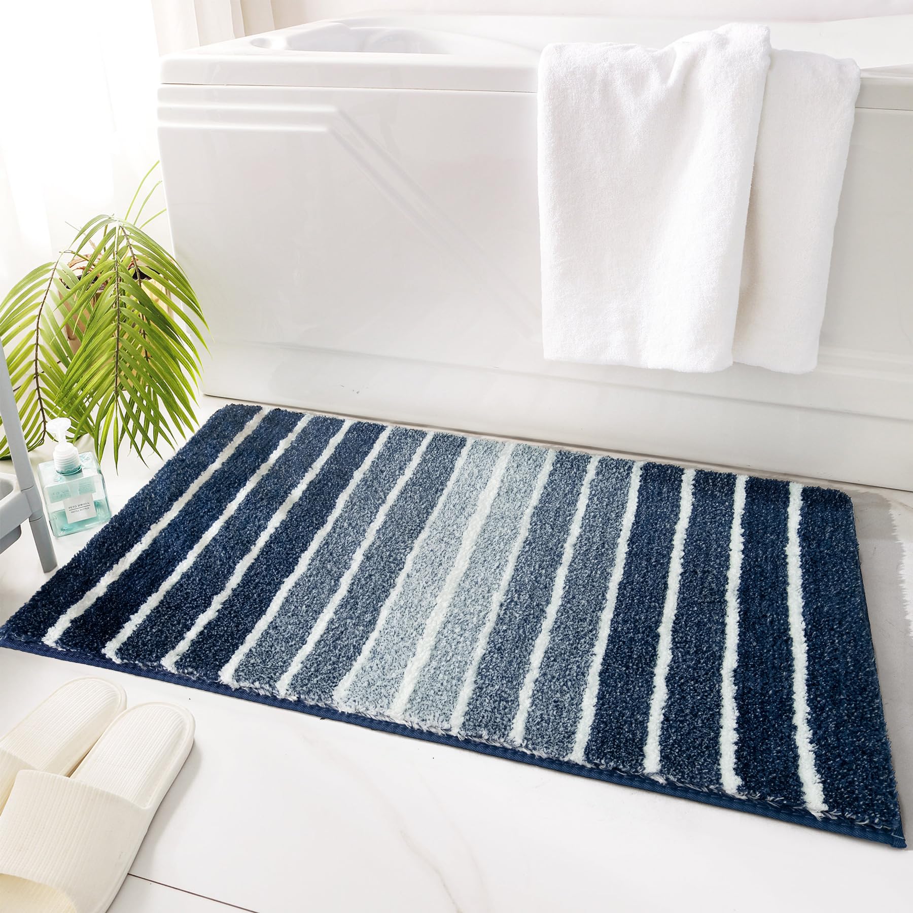 TANVILL Blue Bathroom Rug 20"x32" Non-Slip, Soft and Absorbent Bath Rugs, Machine Washable, Navy Stripe Bath Mats for Bathroom Floor, Tub and Shower
