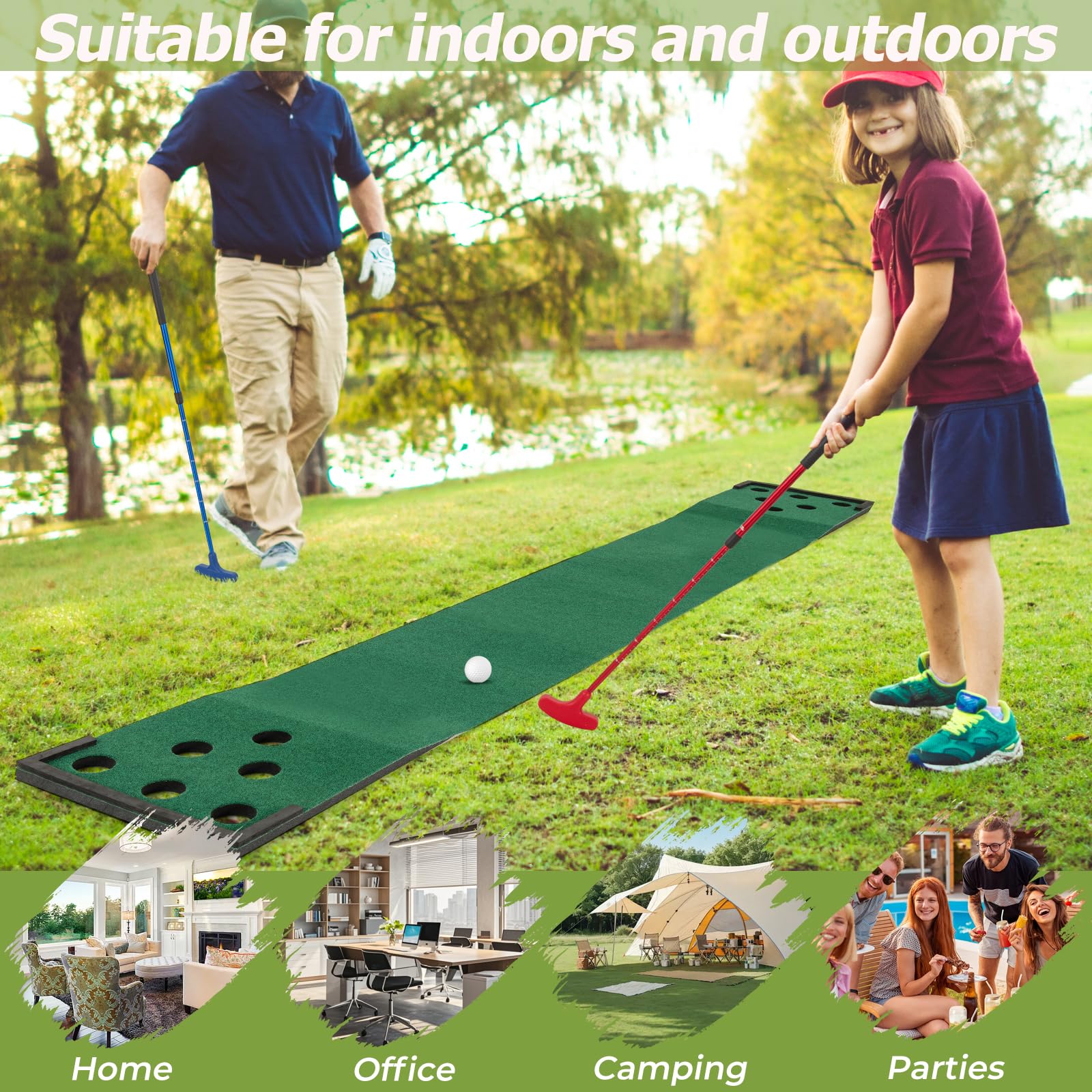 LIFEZEAL Tapis de Putting Golf Portable, Set Jeu Pong avec 2 Putters Réglables, 6 Balles et Sac de Transport, Tapis Entraînement Golf Professionnel pour Intérieur et Extérieur, Bureau, Jardin, Famille