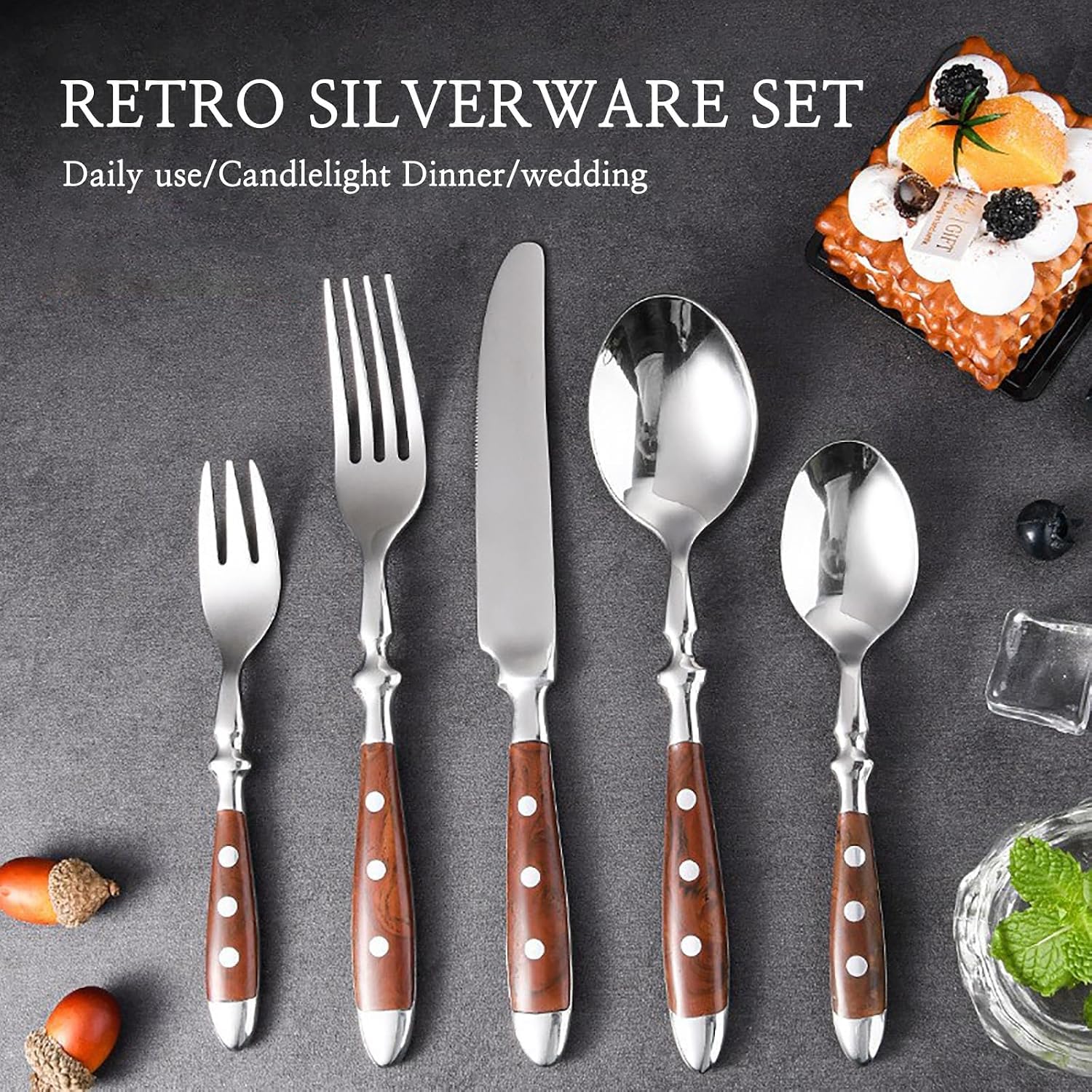 Set di Posate in Legno da 30 Pezzi per 6 Persone, Posate Premium in Acciaio Inossidabile, Colore Marrone retrò, forchette, cucchiai e coltelli con Finitura a Specchio, Lavabili in (30pcs)