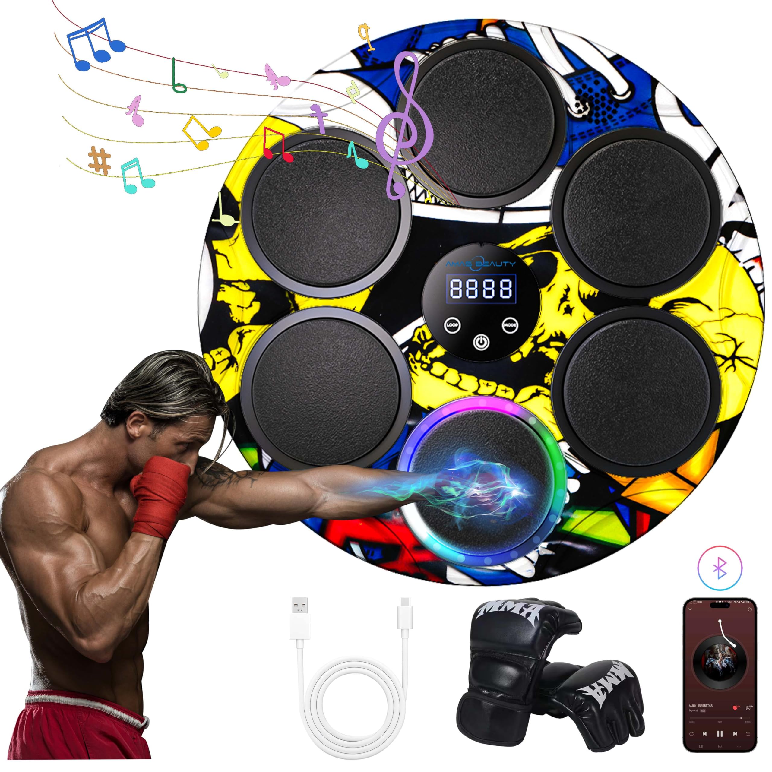 Music Boxing Machine with Boxing Gloves，Boxing Machine Wall Mounted Music, Smart Bluetooth Boxing Equipment, Workout Punching Equipment for Home, Indoor and Gym.
