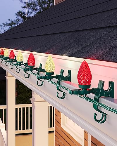 SURAIELEC C9 Luces LED de Navidad con clips, 67 pies, 100 luces de techo de Navidad para exteriores con clips de resorte, luces rojas y blancas