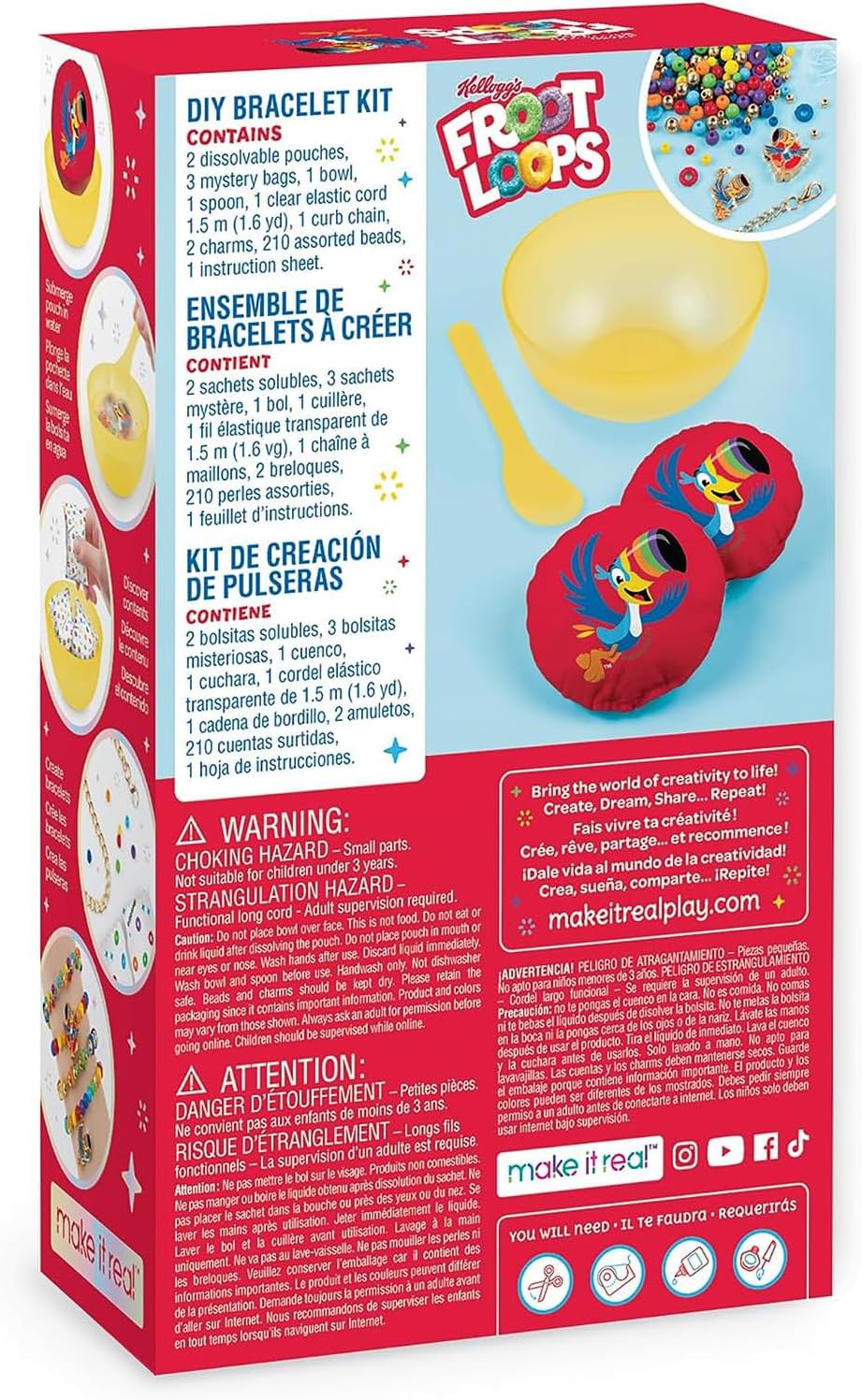 Make It Real: Kellogg's Cerealsly Cute - Froot Loops - DIY Bracelet Kit, 222 pcs, Toucan Sam Charms, Create 4 Cereal Themed Bracelets, Tweens, Girls & Kids Ages 8+