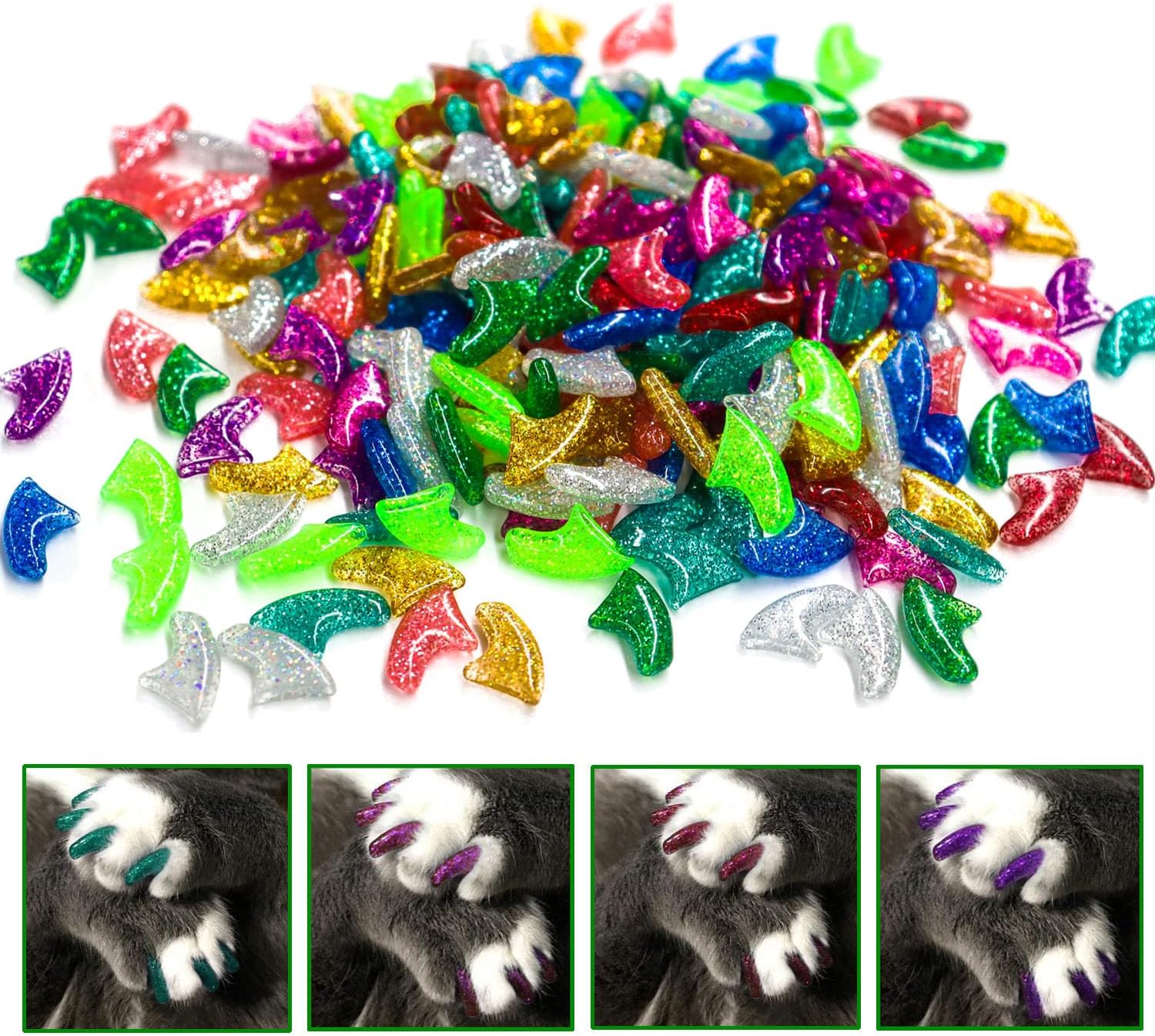 VICTHY 10 Colors | 100pcs Cat Nail Caps Glitter Cat Claw Caps Kitten Caps with Adhesives and Applicators (M)