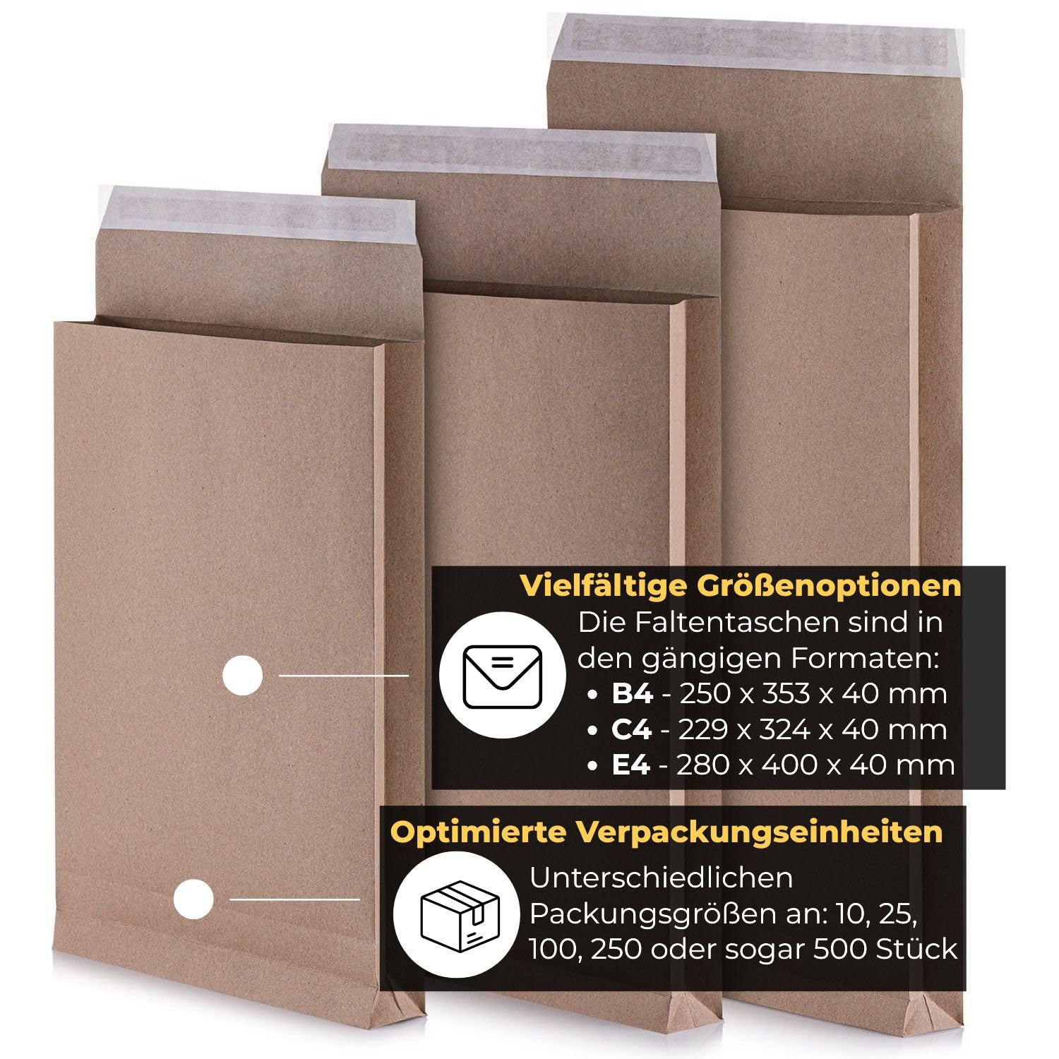 100 Faltentaschen 4cm Falte ohne Fenster Versandtaschen E4 280 x 400 x 40 mm braune Faltumschläge haftklebend mit Abziehstreifen