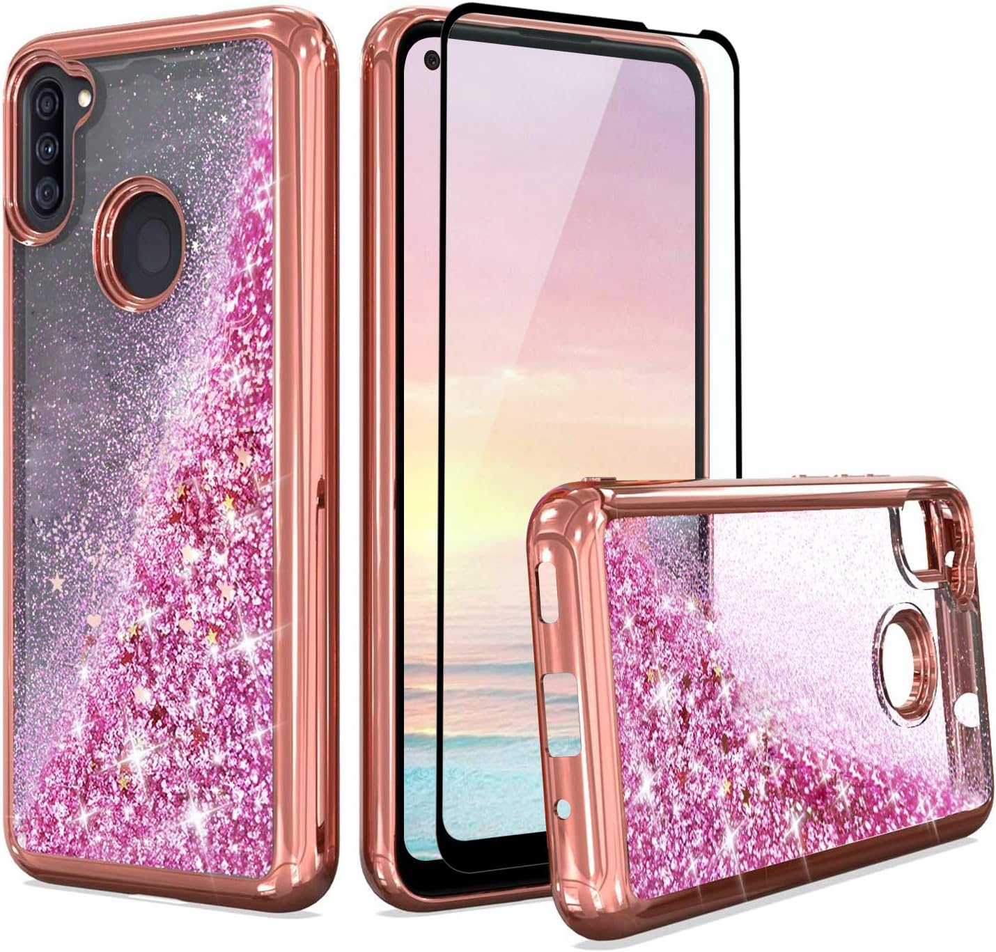 TJS Compatible with Samsung Galaxy A11 Case, with [Tempered Glass Screen Protector] Bling Glitter Sparkle Liquid Infused Stars Moving Drop Protector Cover Phone Case (Rose Gold)