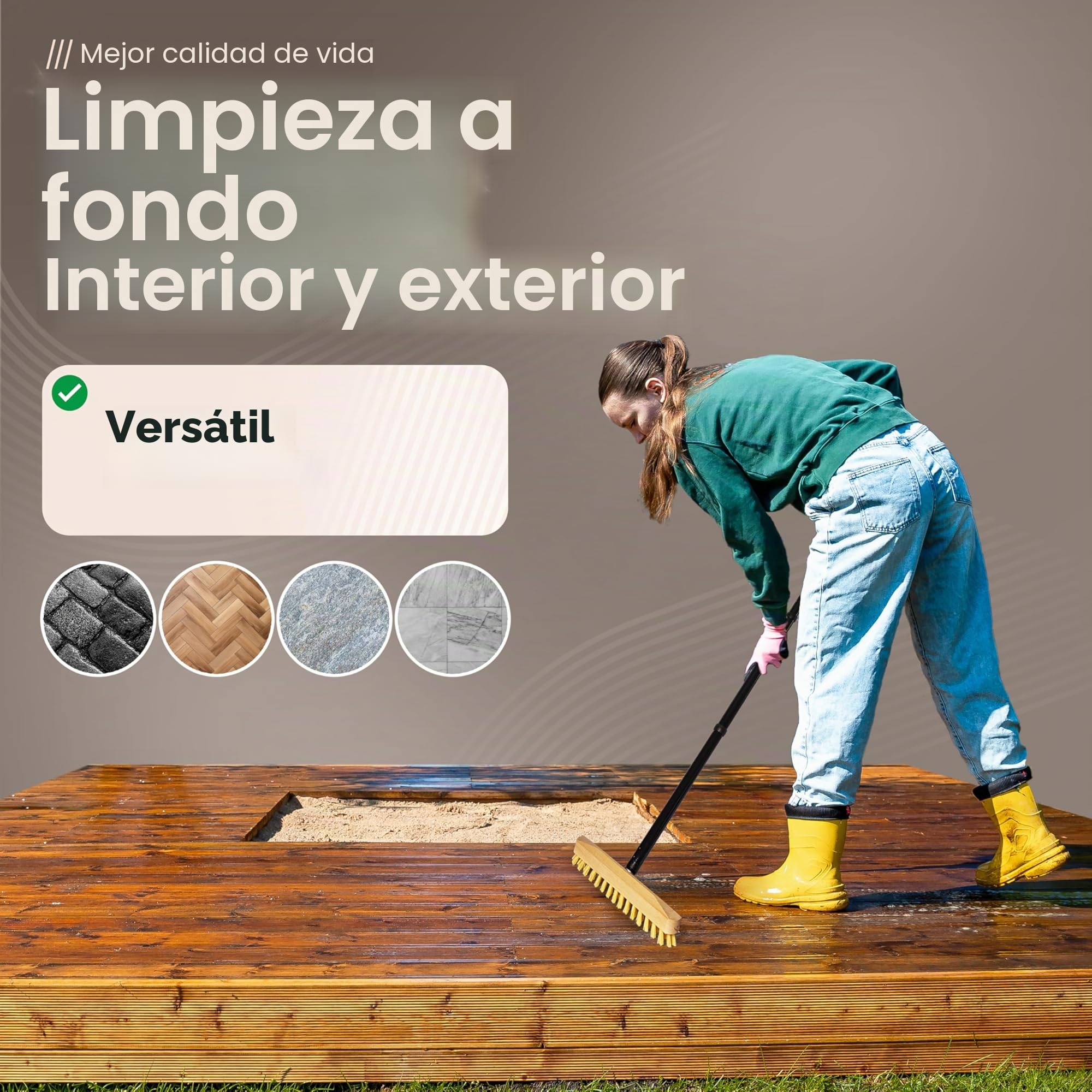 Fregona de madera con cerdas, fregona con rosca y mango atornillable enchufable de cuatro piezas, cepillo de fregar PPN, cepillo para suelo, ideal para limpieza de balcón, terraza, jardín, interior y