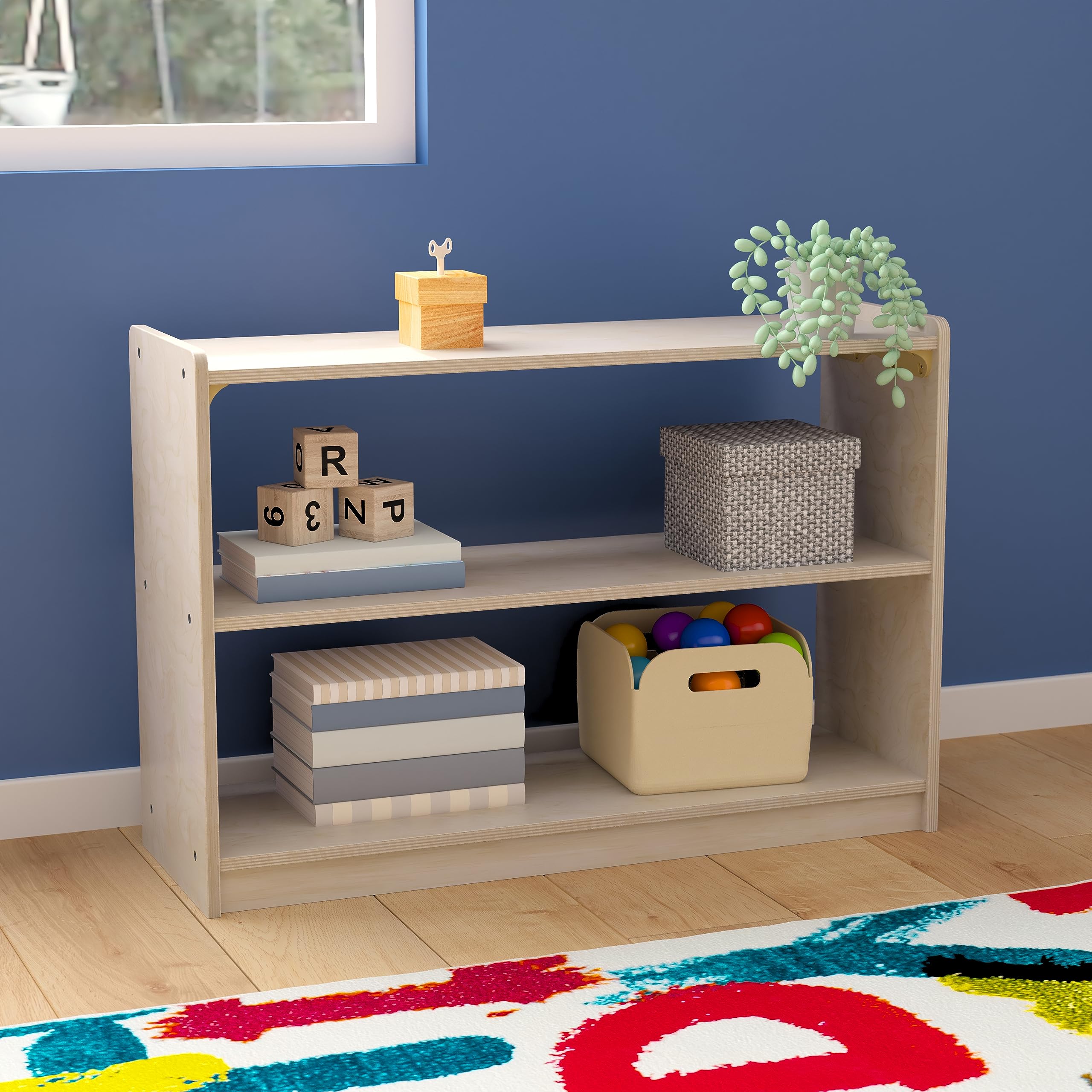 Classroom Essentials Commercial Grade Extra Wide 2 Shelf Wooden Classroom Open Storage Unit, Safe, Kid Friendly Design, Natural