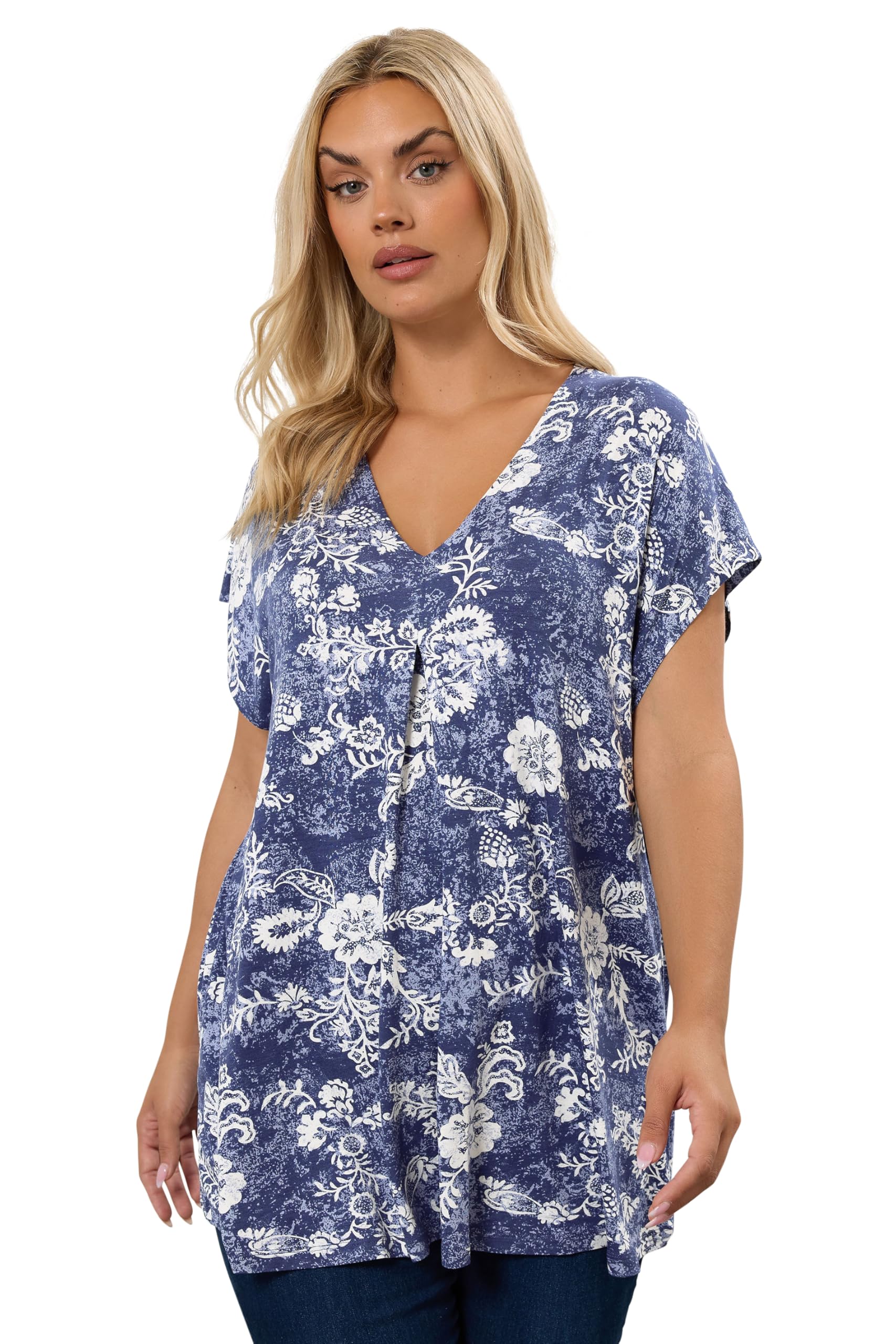 Yours Blue Floral Pleat Front V-Neck Short Sleeve Jersey Top - Size 20