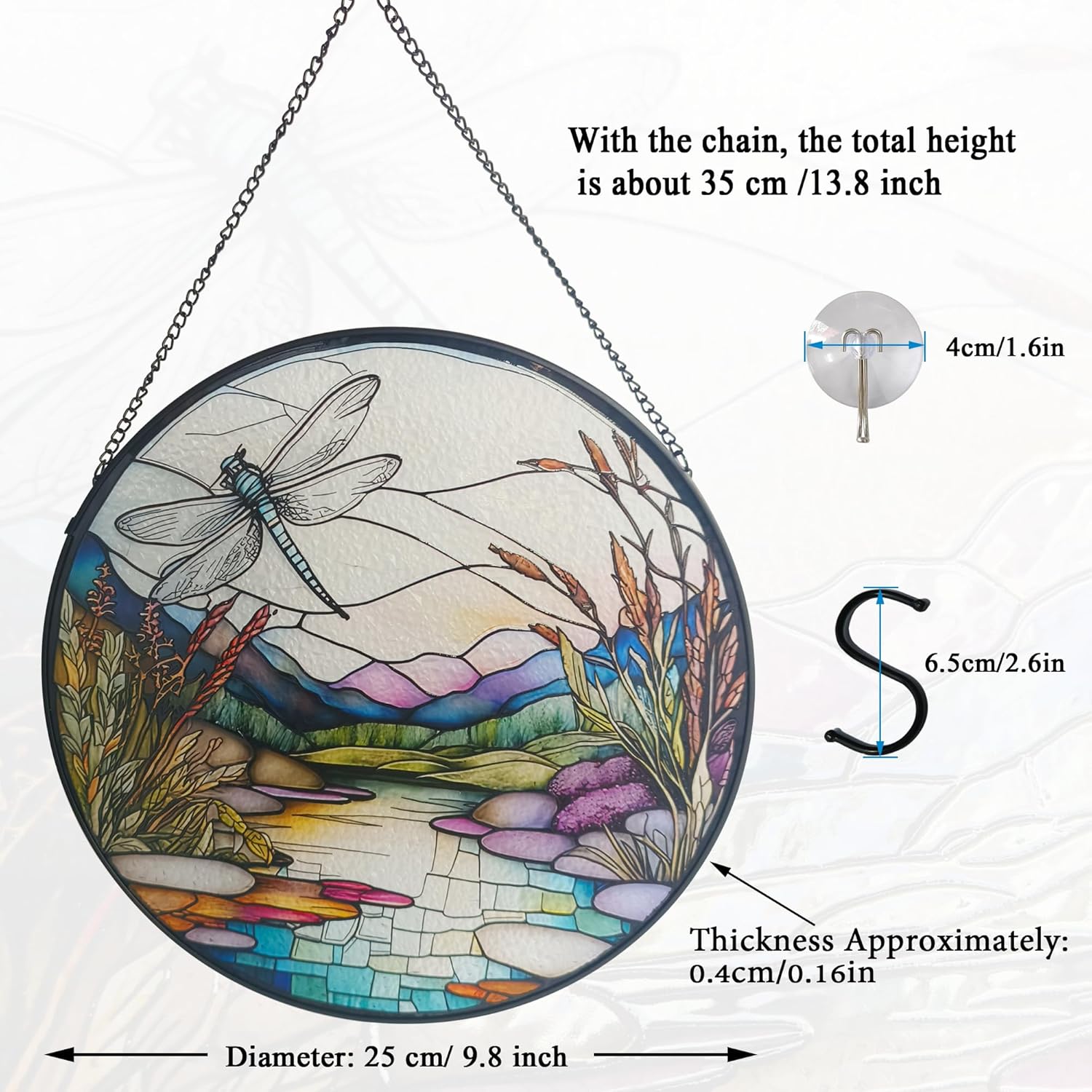 Sun Mountains & Dragonfly Valley Stained Glass Suncatchers Set - 9.8" Hand-Painted Window Hanging Decor with Metal Chains, Gift for Home/Office/Garden