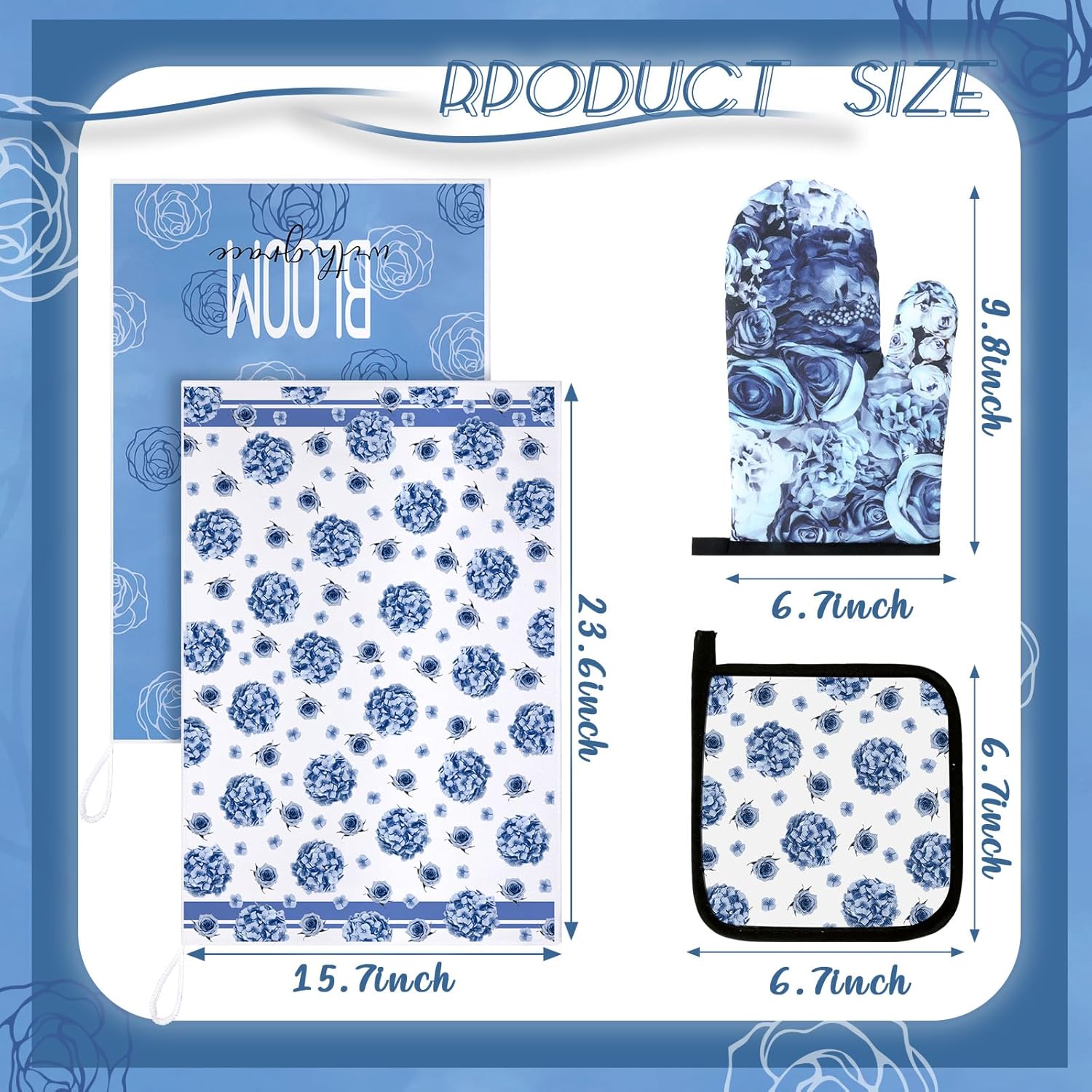 Leinuosen 8 Pcs Blue Rose Kitchen Towels and Dishcloths Sets Oven Mitts and Pot Holders Sets Absorbent Kitchen Gloves Potholders Heat Resistant for Chef Baking Cooking - Image 3