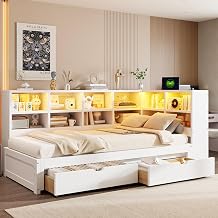 Polibi Twin XL to King Size Convertible Daybed with 12 Storage Cabinets, 2 Drawers, LED Lights, Charging Station with USB & Type-C Ports, Solid Wood & MDF Frame, No Box Spring Needed, White