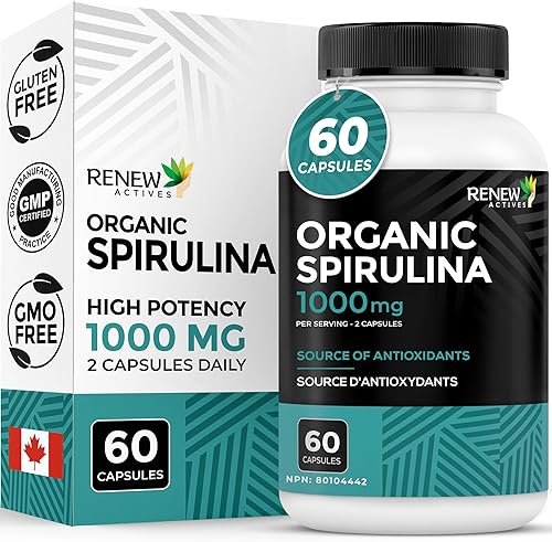 Renew Actives Espirulina orgánica de 1000 mg por 2 cápsulas – Superalimento para hombres y mujeres – Apoya la energía, el bienestar y la función