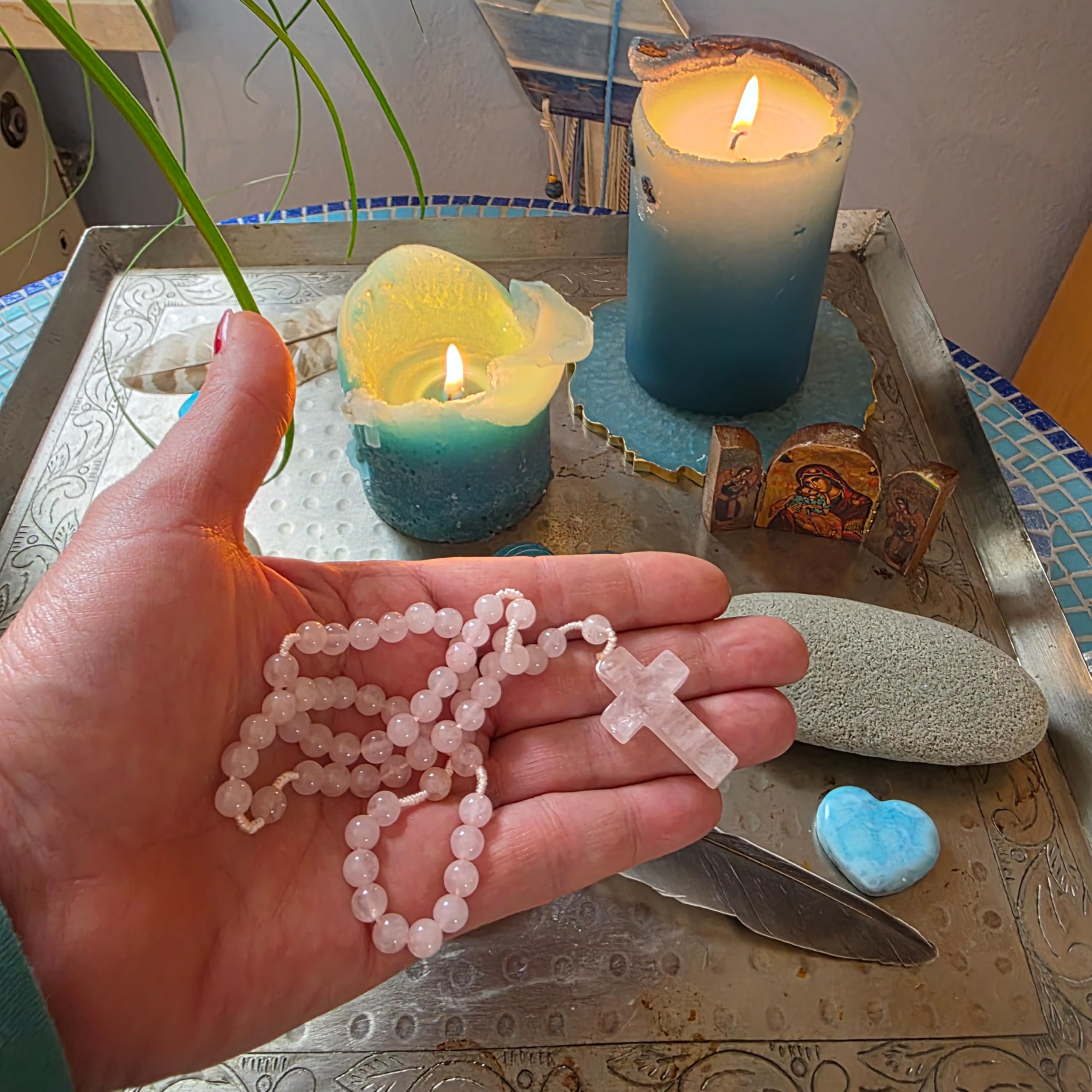 Herzmensch Rosenkranz aus Rosenquarz 28,5 cm zur Kommunion als Geschenk – geknüpft – Handarbeit aus Deutschland – zartes Rosa