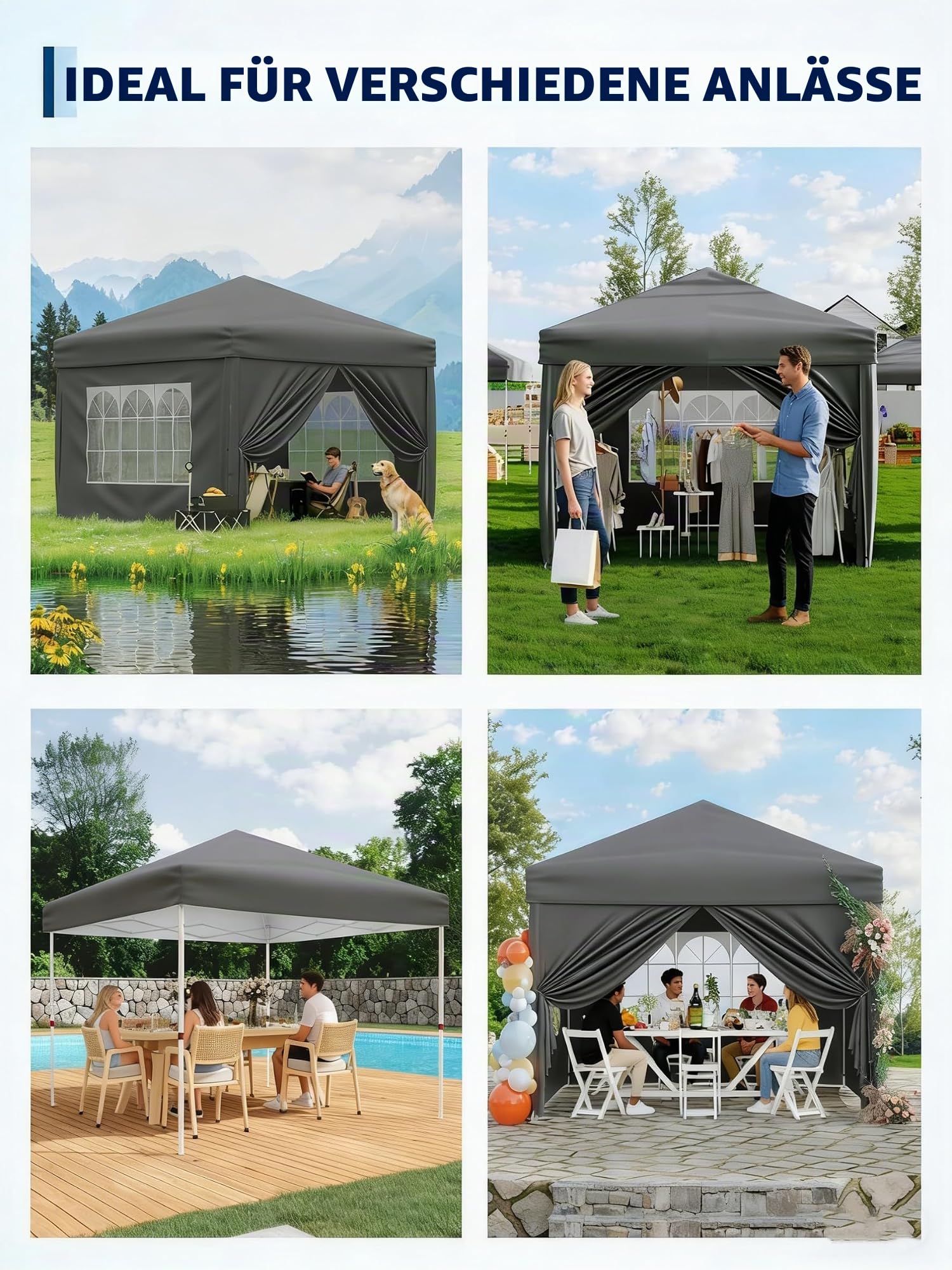 Faltpavillon 3X3M UPF50+ mit Seitenwänden für Garten und Camping | Cadre en acier robuste, hauteur ajustable, sac à roulettes et accessoires fournis