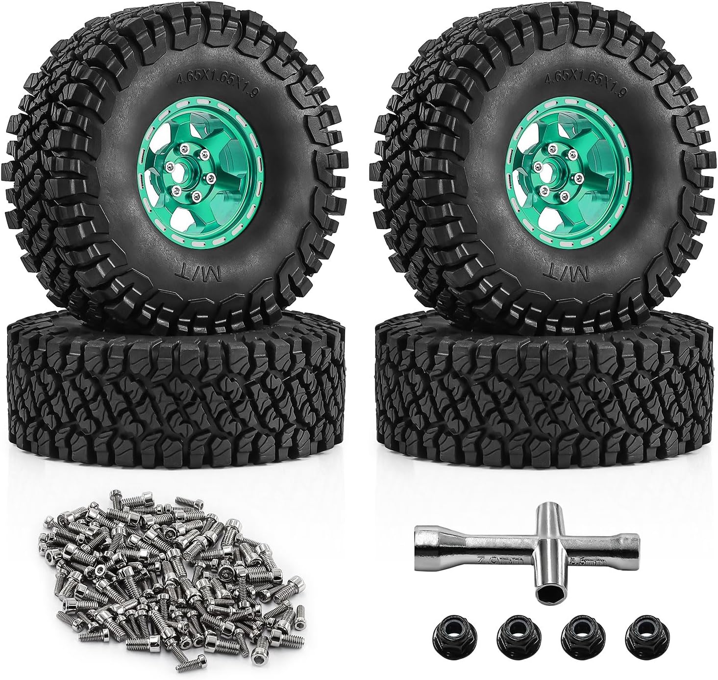 1.9" Alloy Wheels + Rubber Tires 4-Pack, Compatible with TRX4, SCX10, SCX10 III, 90046, D90 and Other Popular RC Crawler Models (bronze)