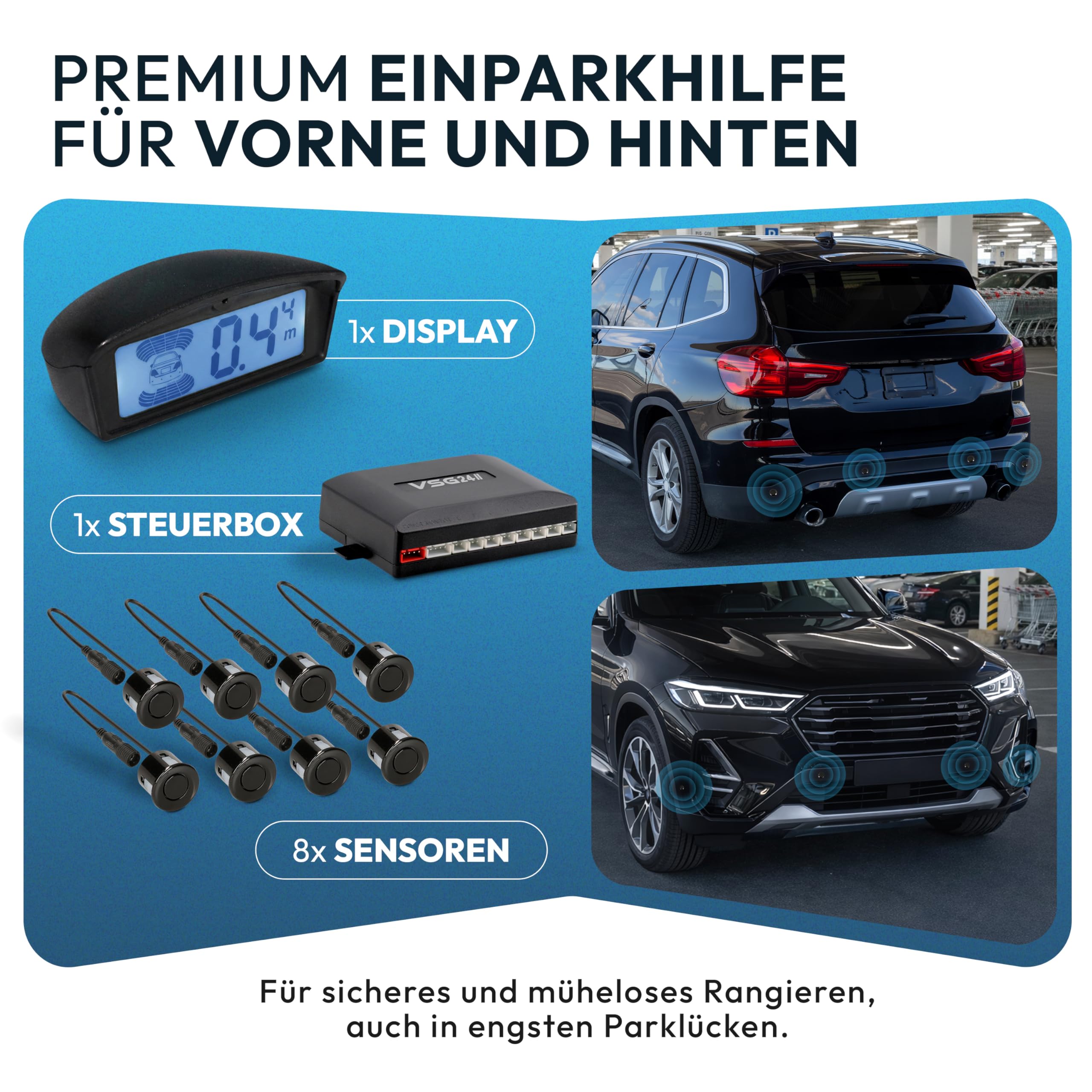 VSG24 Echo Plus Einparkhilfe Set vorne & hinten mit Display & 8 Sensoren – robuste Parkhilfe für Fahrzeuge, Wohnmobil & Transporter – LED-Anzeige & akustischer Warner – bis 12 m – 12V PDC Nachrüstset