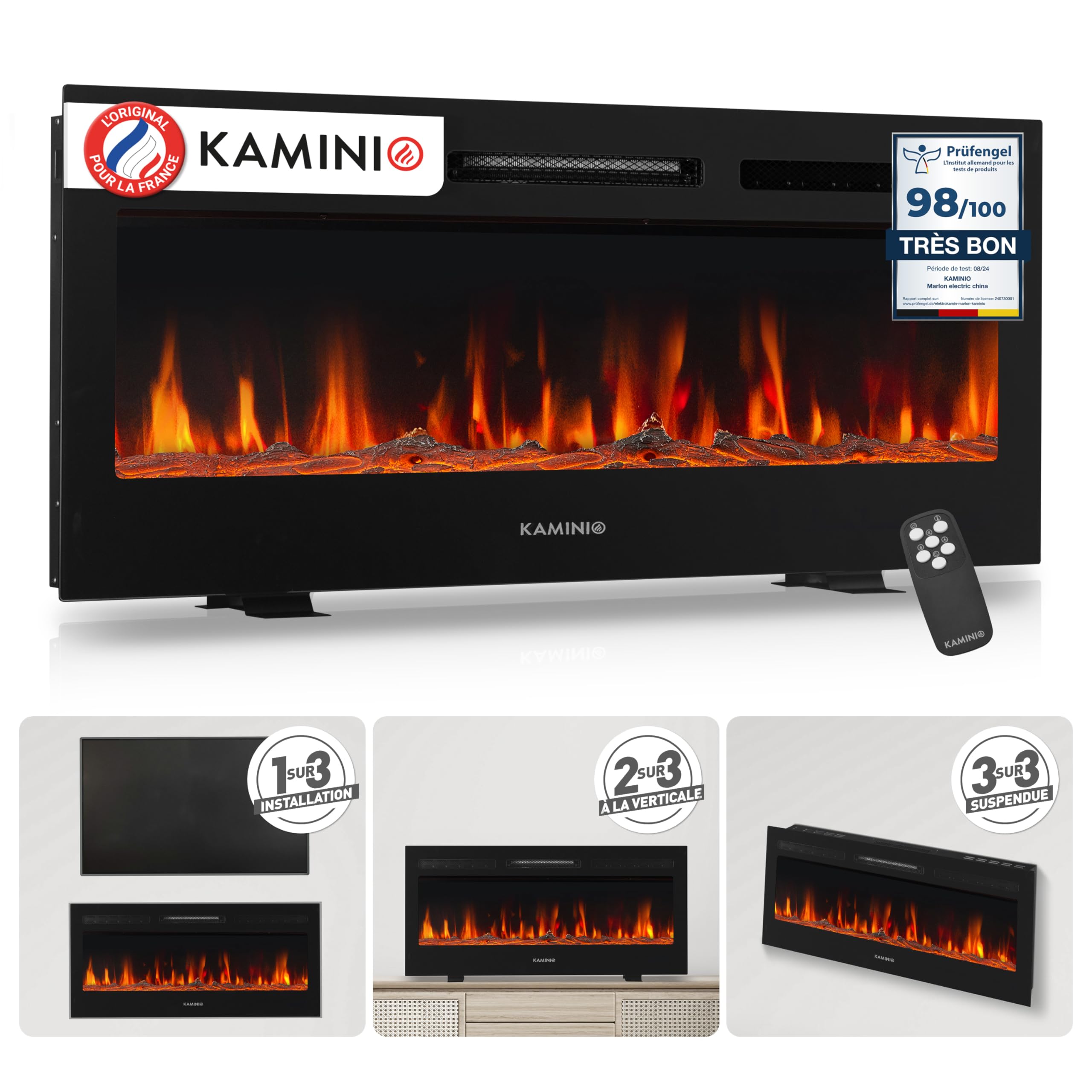 KAMINIO Cheminée Electrique Marlon - Cheminée Électrique 3-​en-​1 avec Chauffage, Effet de Flamme 3D, 12 Couleurs de Flammes, télécommande (42 Pouces)