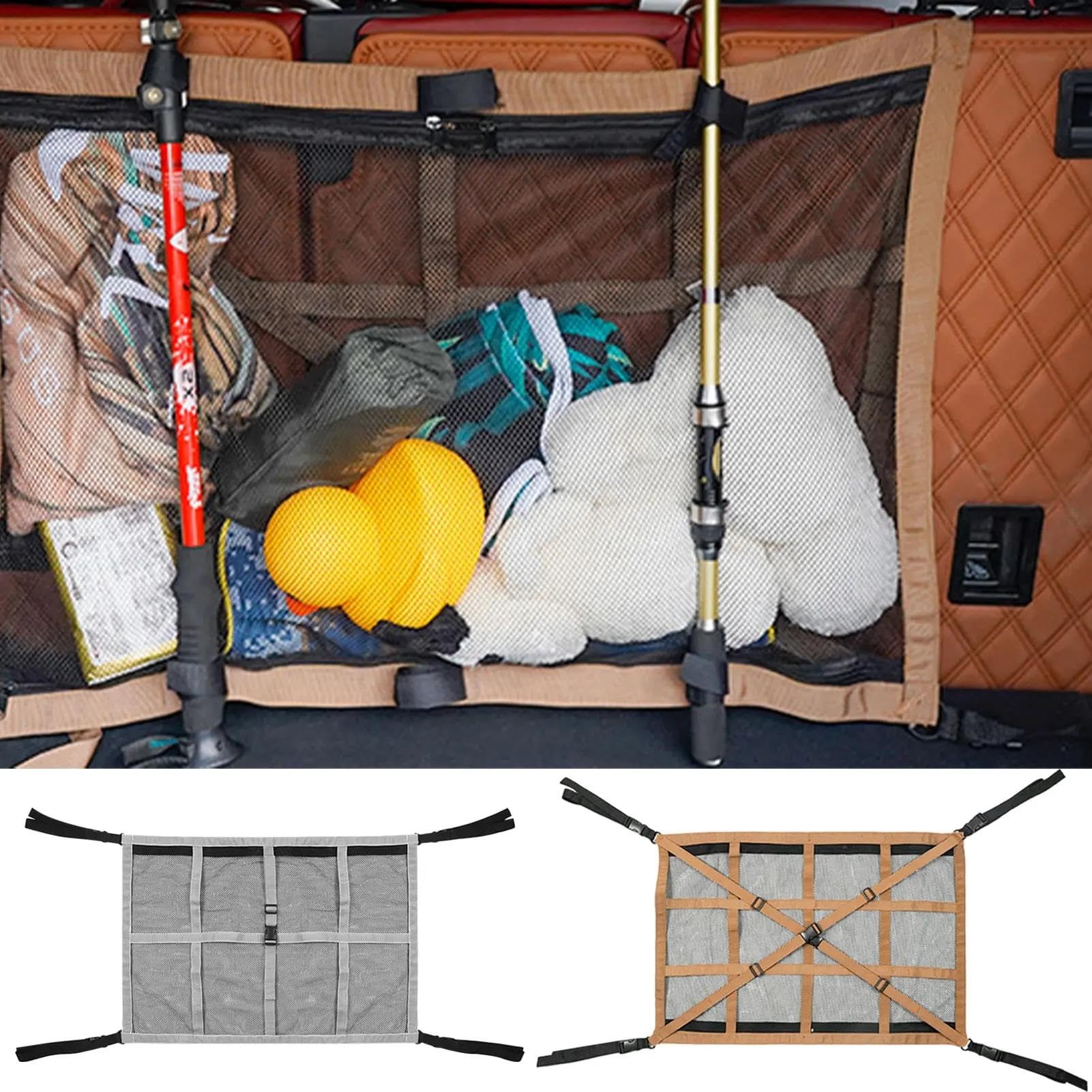 Doppellagiges Auto-Decken-Aufbewahrungsnetz Tasche Für Das Autodach Innenraum-Frachtnetz Atmungsaktive Netztasche Aufräumen des Innenraumzubehörs Autositz Ablagenetz(A Khaki L)