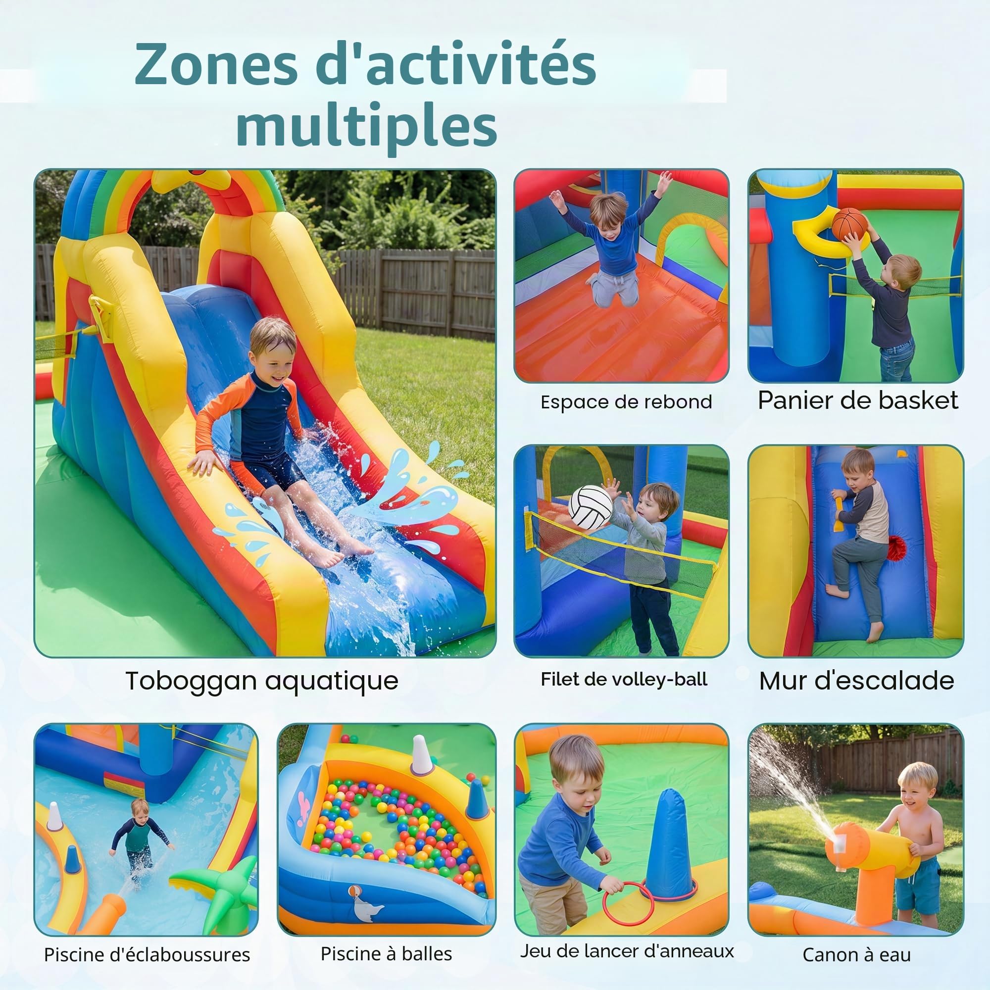GIANTEX Chateau Gonflable Exterieur pour Sec ou Eau, Parc Aquatique Gonflable avec Toboggan, Aire de Saut, Mur d'escalade, Panier de Basket, Bassin, Filet de Volley et Canon, pour Enfants 3+ Ans