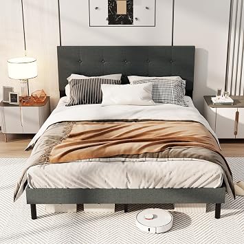 KOMFOTT Queen Size Linen Upholstered Bed Frame with Tufted Headboard, Solid Wood Mattress Foundation with Slat Support, No Box Spring Needed, Modern Platform Bed Frame Grey,Queen
