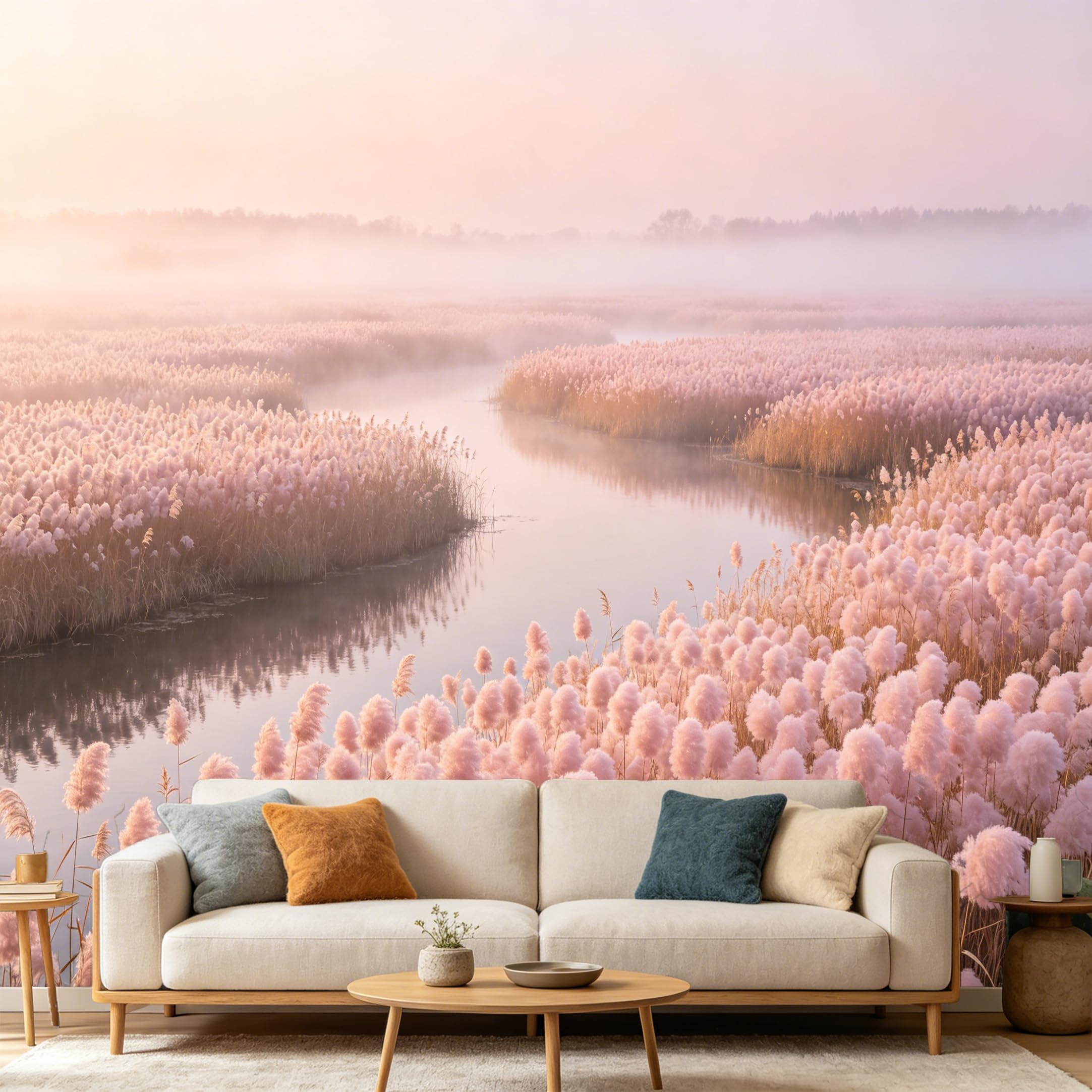 Custom Size Wall Mural Landscape Pink Reed Marsh River Misty Morning SelfAdhesive Art Prints wall Fabric（No PVC） Removable Wallpaper Home Bedroom Decor Large Wall Art