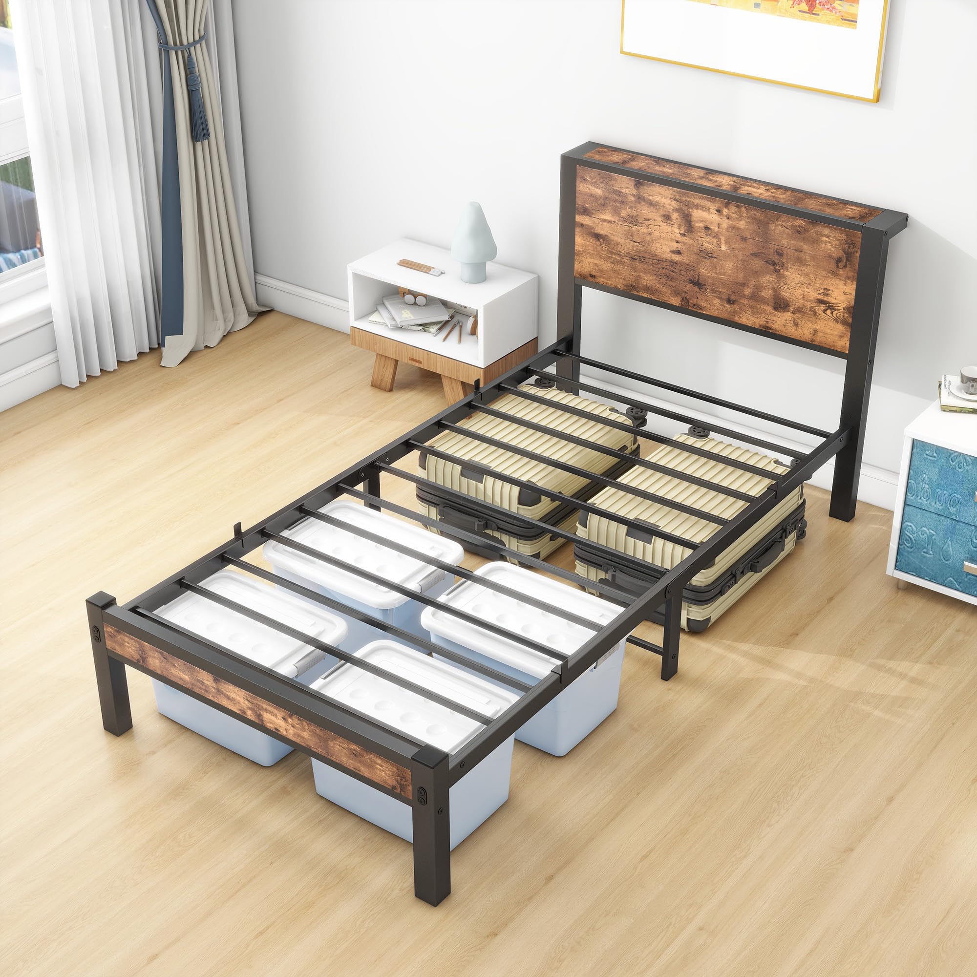 HOMERECOMMEND Bett 90x200 Bettgestell Bettkopf mit Ablagefläce,Lattenrost Metall,Gästebett für kleine Räume, Schwarz