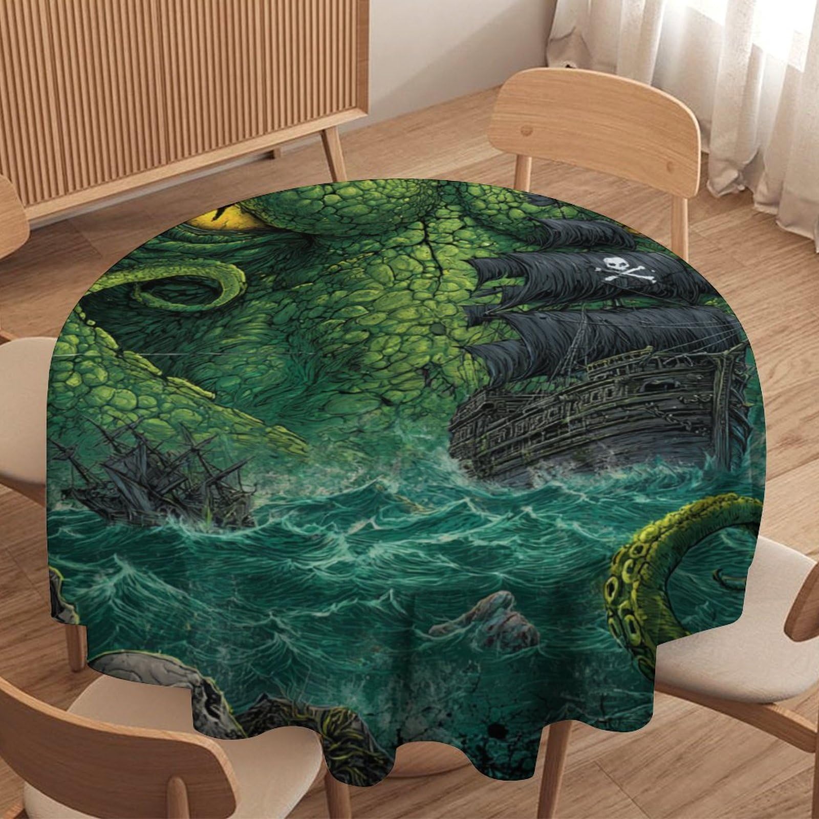 Luyysky Vintage Viking Sea Octopus Round Tablecloth Retro Nautical Animal Octopus Pirate Ship Skeleton Skull Washable Decor For Table Cover For Kitchen-127 Wx127 L Cm