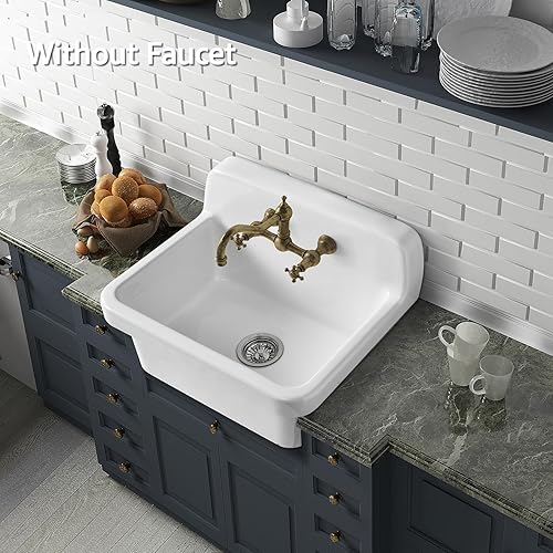 Miniatura 5 de ELLAI Fregadero de cerámica blanca de 24 pulgadas para montaje en pared, con respaldo alto, para lavadero de 10 galones, para lavandería, garaje,