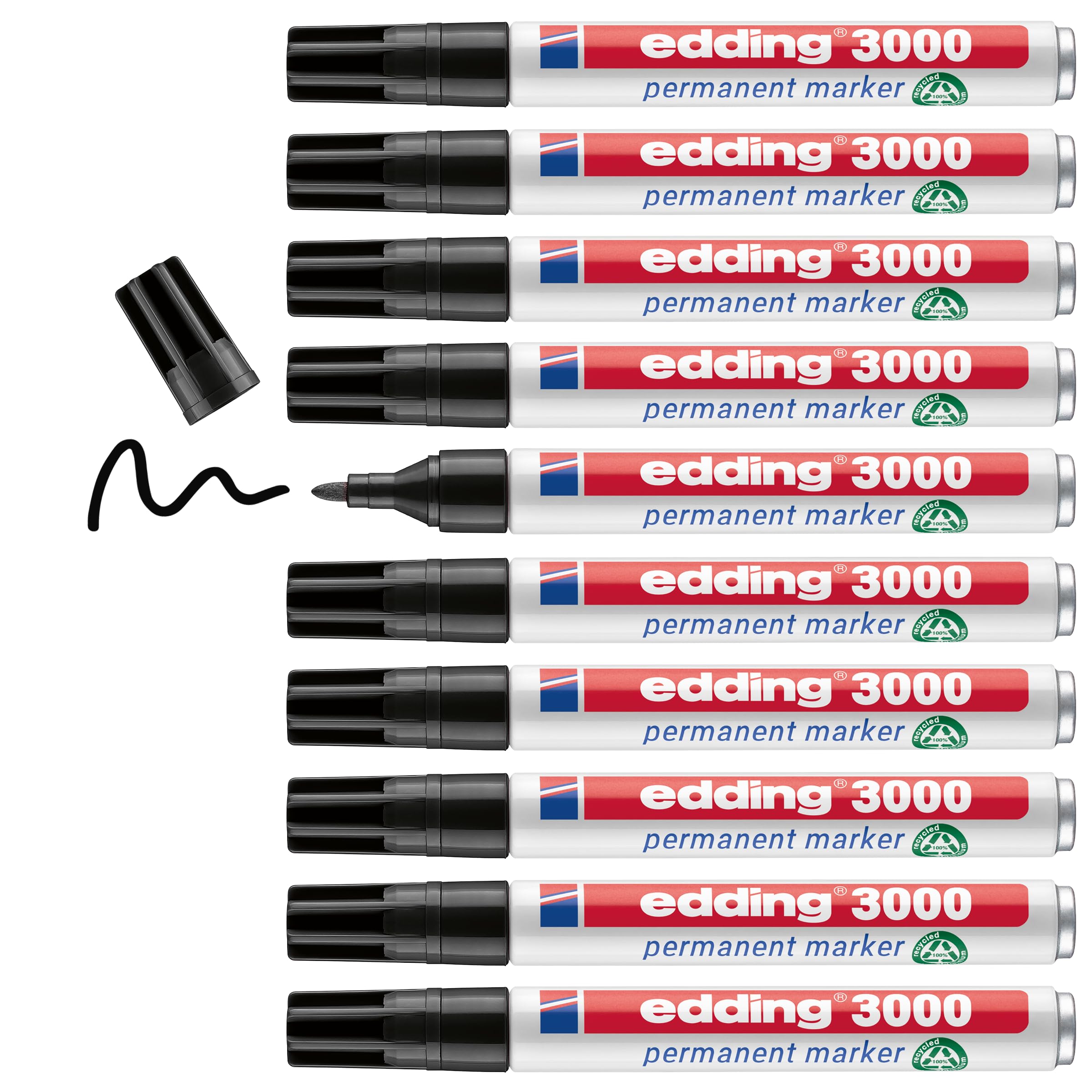 edding 3000 Permanent Marker - Black - 10 Markers - Bullet Tip 1.5-3 mm - Fast Drying - Water and Smudge Resistant - Cardboard, Plastic, Wood, Metal, Fabric - Universal