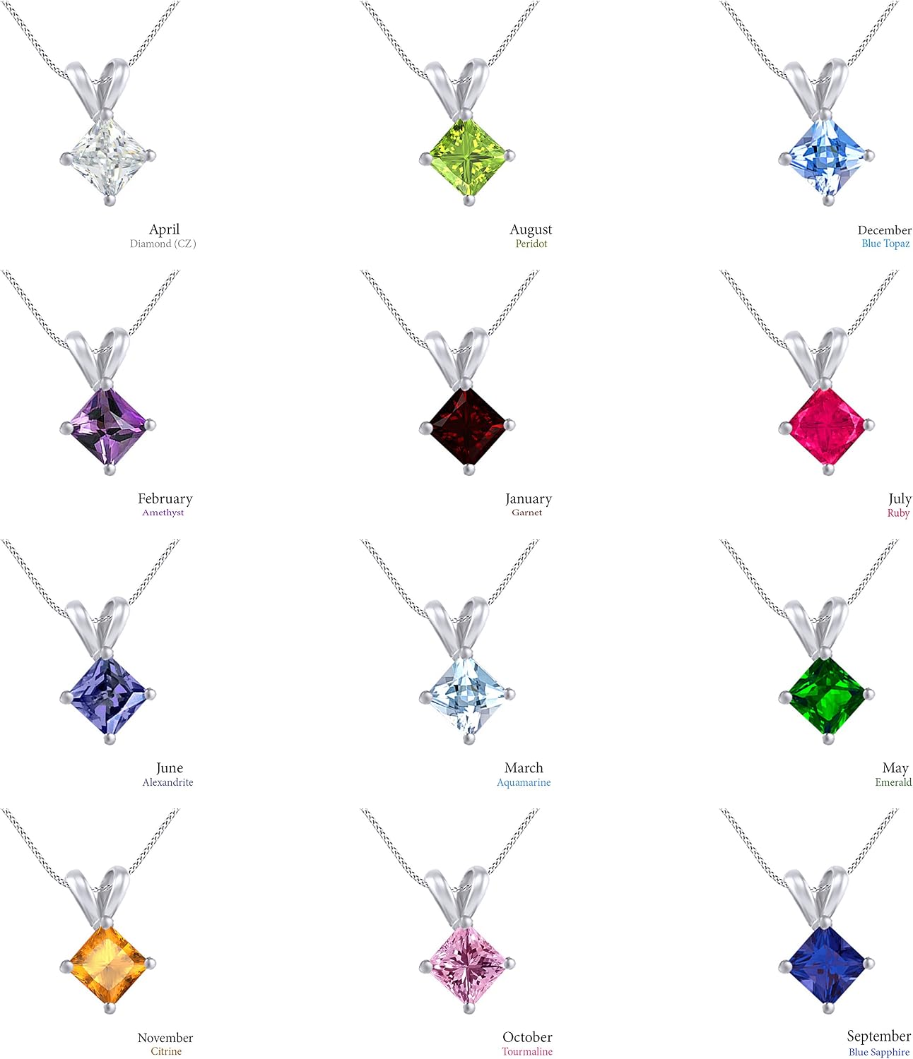 Jewel Zone US AFFY Women's Classic Simulated Gemstone Princess Shape Pendant Necklace in 10k Solid White Gold (2 cttw)