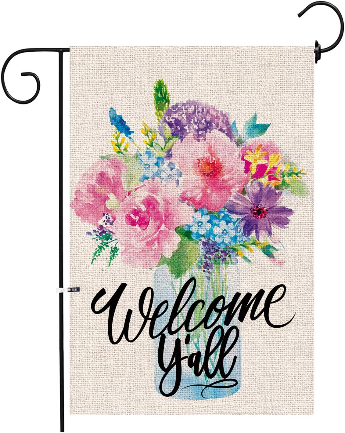 Hexagram Spring Garden Flag,Welcome Y’all Yard Small Burlap Garden Flag Double Sided,Mason Jars Flowers Spring and Summer Welcome Outdoor Decoration Sign,Garde Flags 12x18 Prime