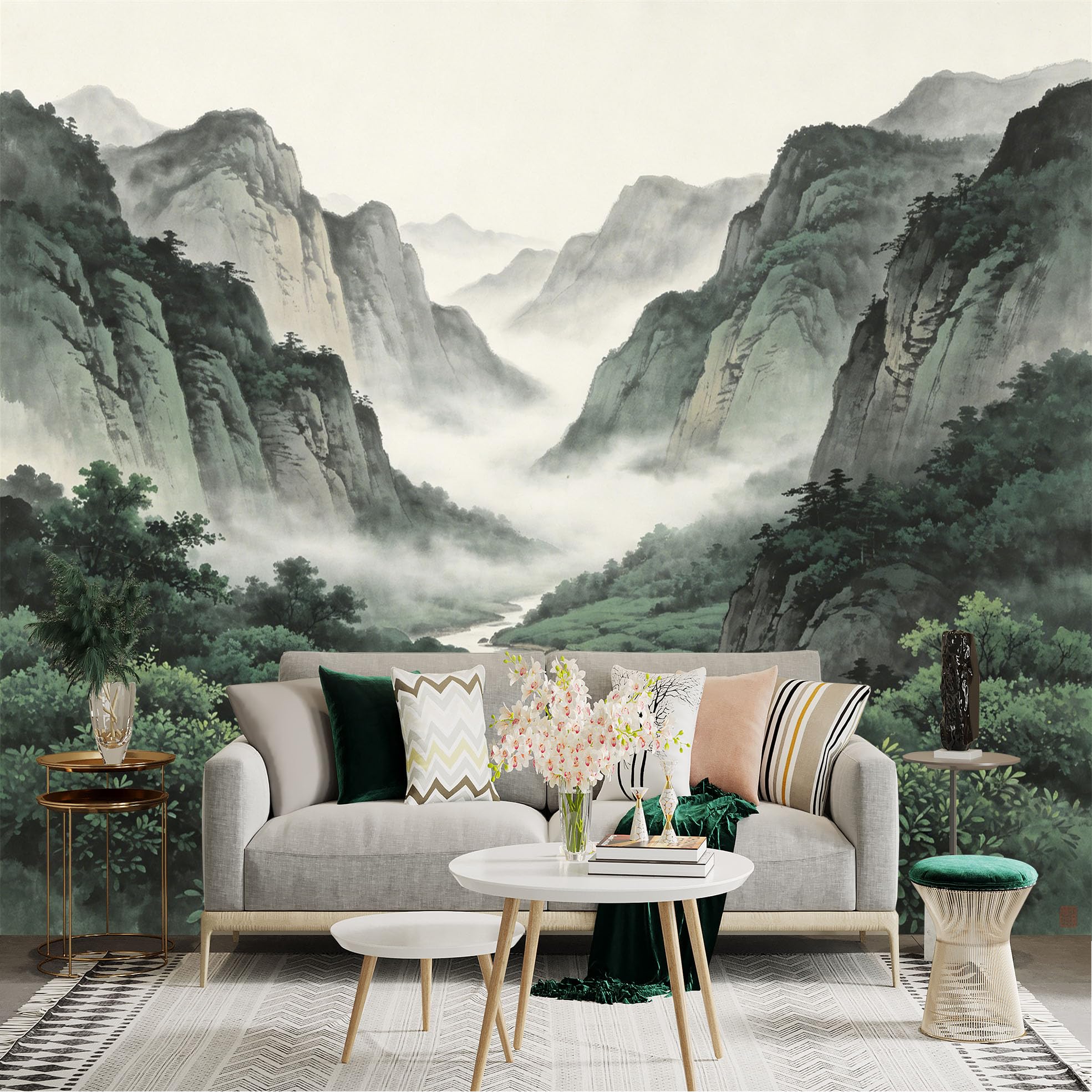 Lnzczhyre Dbh260521748 Custom Size Wall Sticker Mural， Traditional Chinese Landscape Painting， Misty Mountains With River Valley， Serene Forest Scenery， For Wall Decoration， Peelandstick Wall Decals.