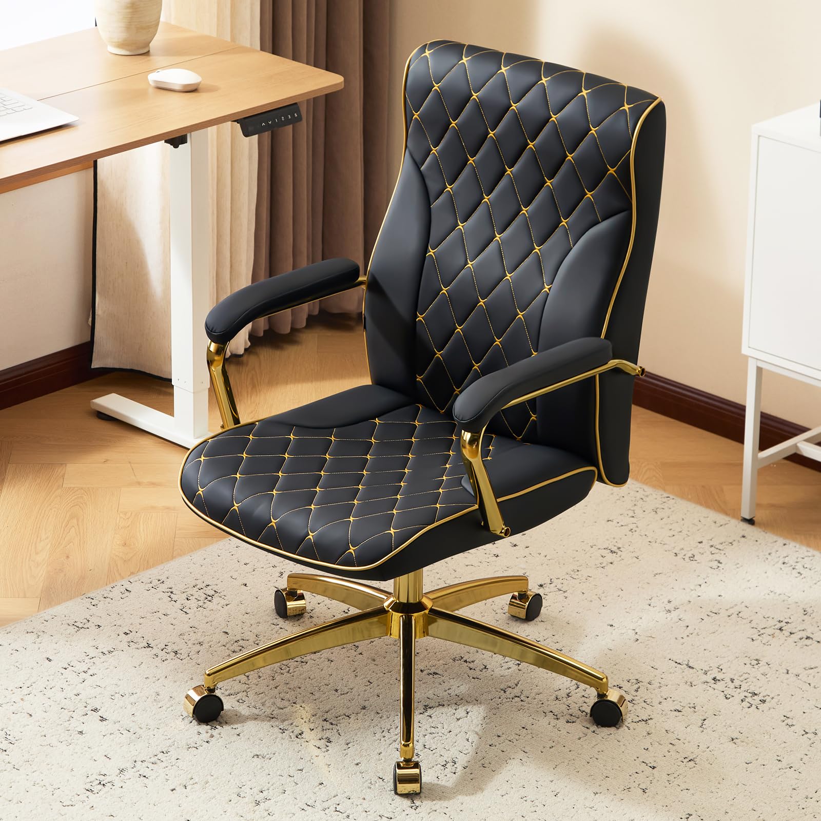 Bürostuhl Ergonomisch, PU Leder Chefsessel, Schreibtischstuhl Computerstuhl Drehstuhl mit Hoher Rückenlehne, Gepolsterter Armlehnen und Höhenverstellbar, Neigefunktion, Schwarz