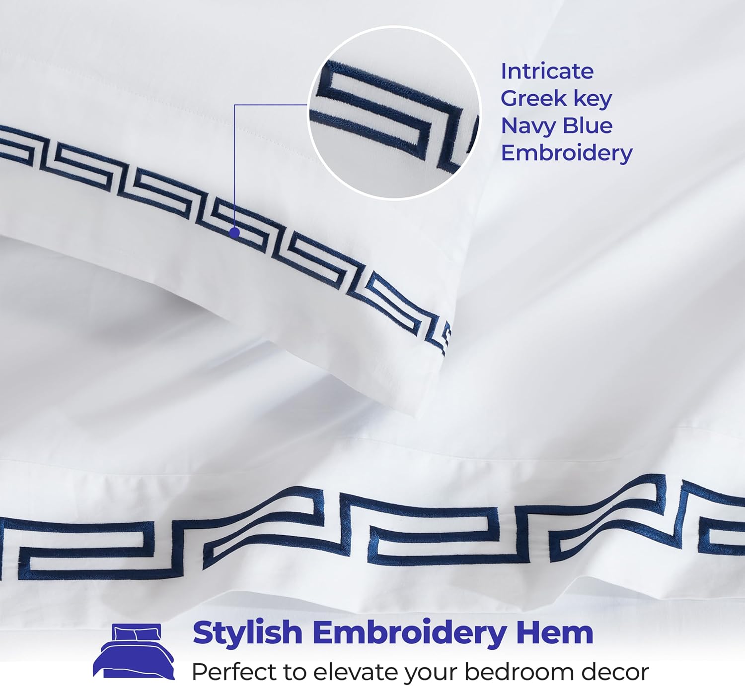 Superior Embroidered Cotton Bed Sheet Set, 1 Elastic Deep Pocket Fitted Sheet, 1 Flat Sheet, 1 Pillowcase, Daily Soft Sheets, Luxury, Greek Key Design, Harrison Collection, Twin Size, White/Navy Blue