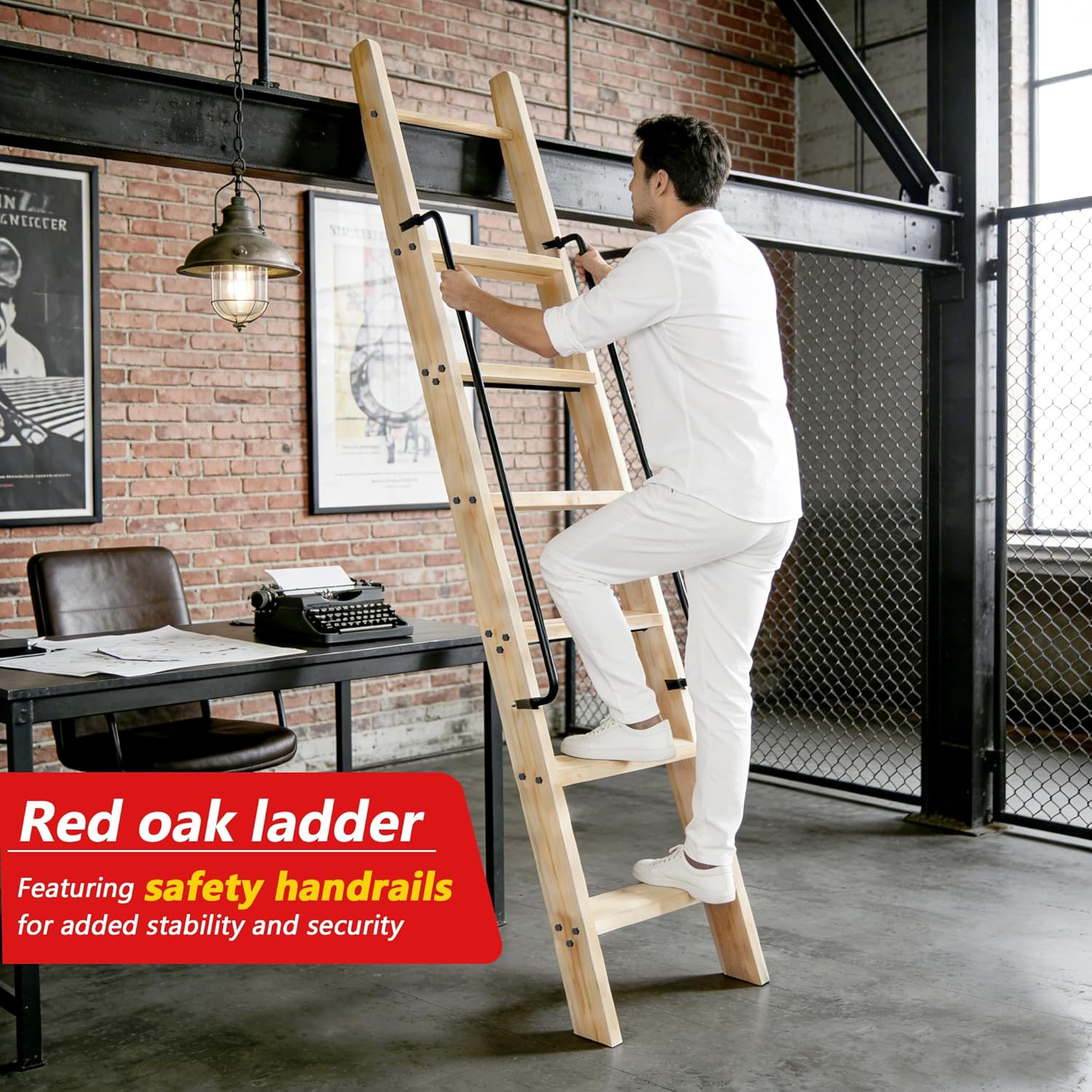 108in Attic Rolling Library Ladder, 9 Step Wooden Ladder with,Ladder Bookshelf,Wall Stairs Red Oak Stair Platform Bunkbed Ladder,for Home Kitchen,Warehouses,Bookstore,DIY Stain