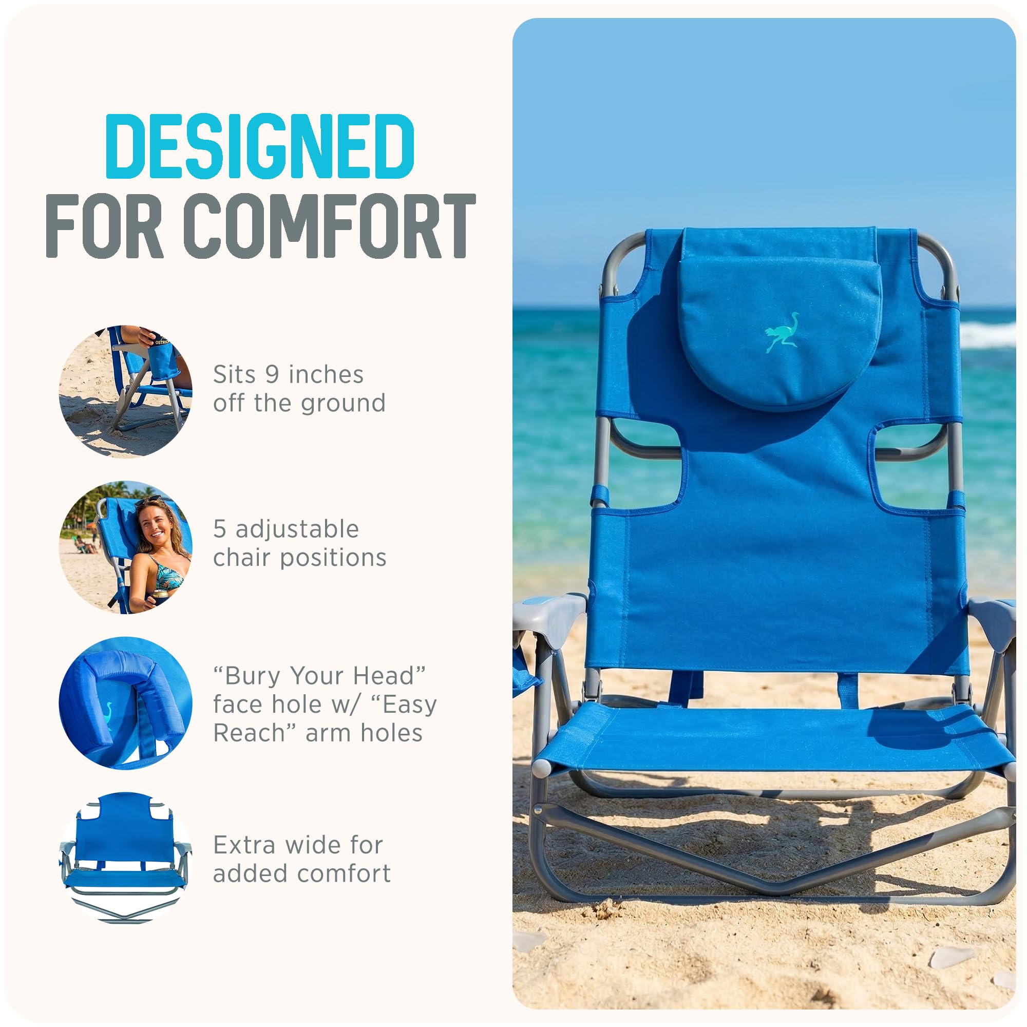 Ostrich The Heavy-Duty Backpacker Portable Beach Chair with Face Hole | Adjustable Lounge Chair with Face Opening Cup Holder 325lb Capacity Blue product thumbnail 7
