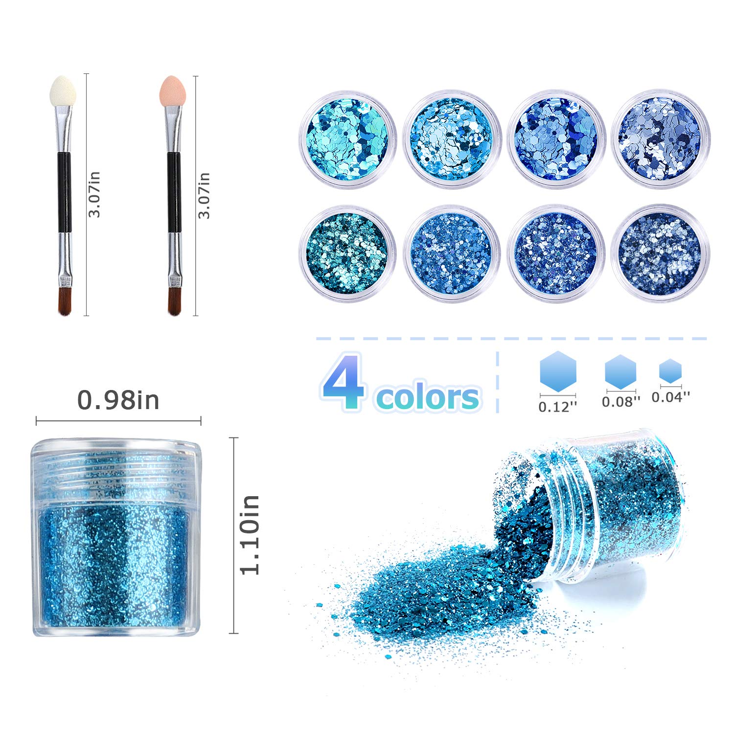 Chunky Glitter, VIS'V 8 Boxes Holographic Resin Chunky Glitter with 2 Applicators Iridescent Acrylic Nail Art Glitter Sequins Flakes for Nail Eyes Face Hair Body Craft Festival Makeup - Sky Blue