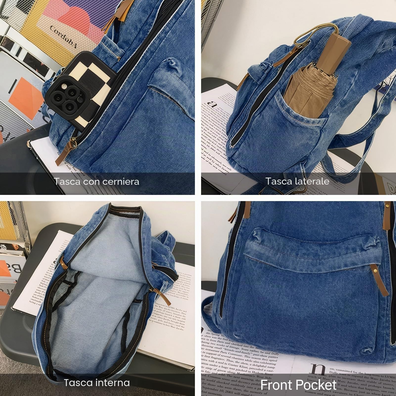 Zaino in tela jeans vintage, leggero, estetico, per pendolarismo e pendolarismo regolabile, per computer portatile, stile casual, da viaggio, per lavoro, scuola