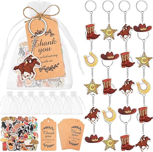 Sasylvia 36 juegos de llaveros acrílicos de vaquera occidental, etiquetas de agradecimiento, bolsas de organza, regalos de fiesta occidental para